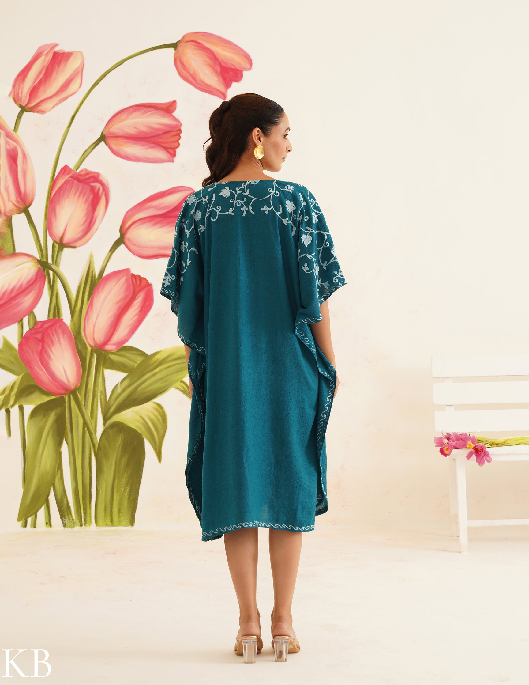 Teal Cotton Kaftan Dress with Light Blue Embroidery | Comfortable Loose-Fit | Summer Ethnic Wear - Kashmir Box