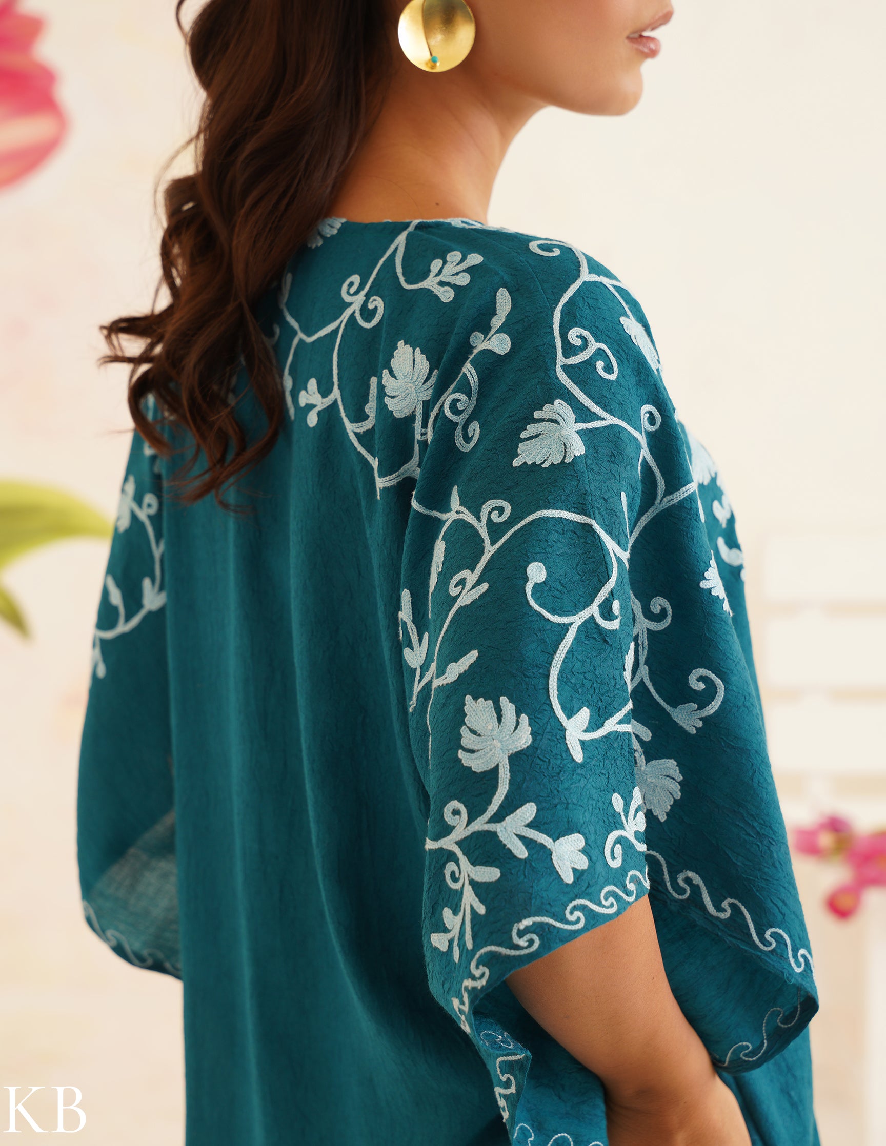 Teal Cotton Kaftan Dress with Light Blue Embroidery | Comfortable Loose-Fit | Summer Ethnic Wear - Kashmir Box