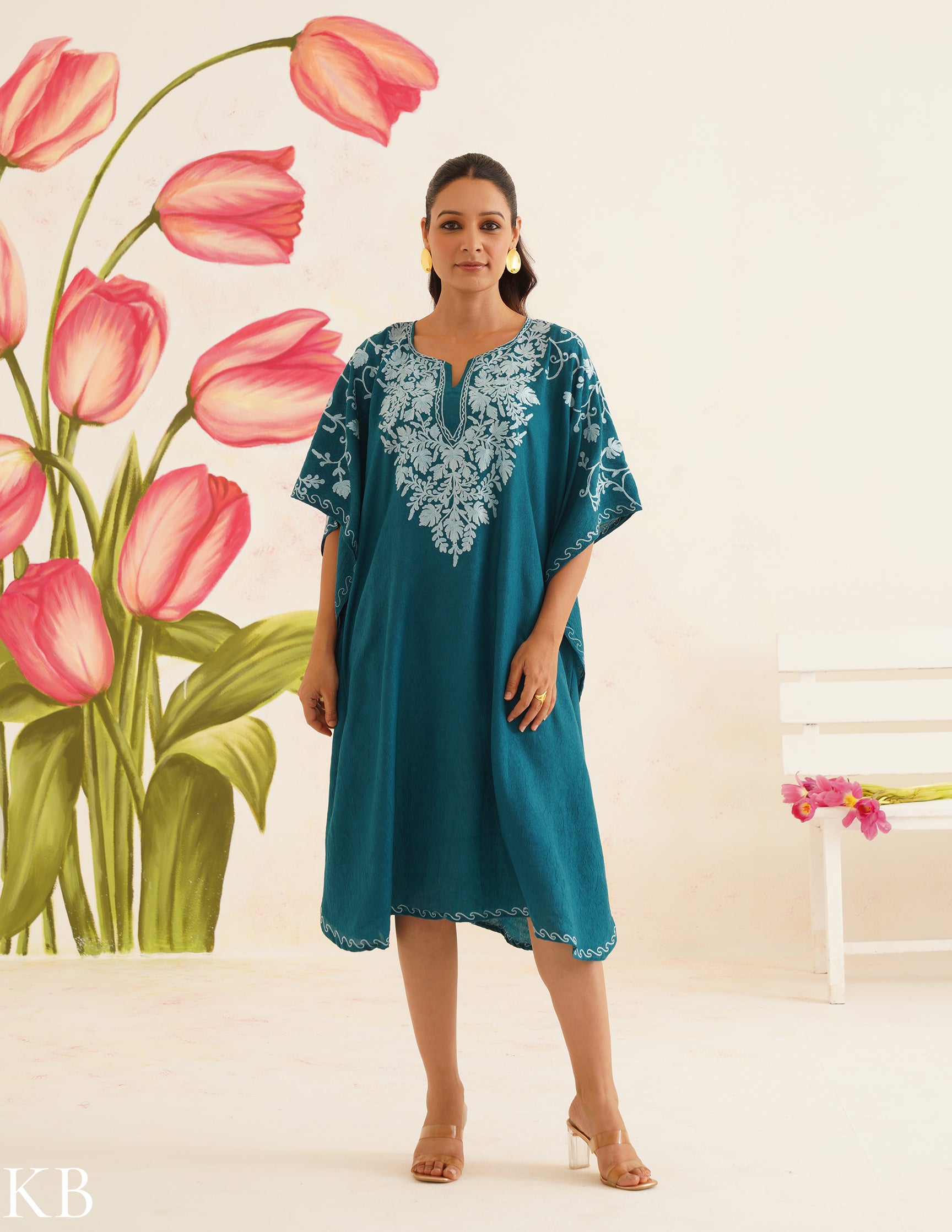 Teal Cotton Kaftan Dress with Light Blue Embroidery | Comfortable Loose-Fit | Summer Ethnic Wear - Kashmir Box