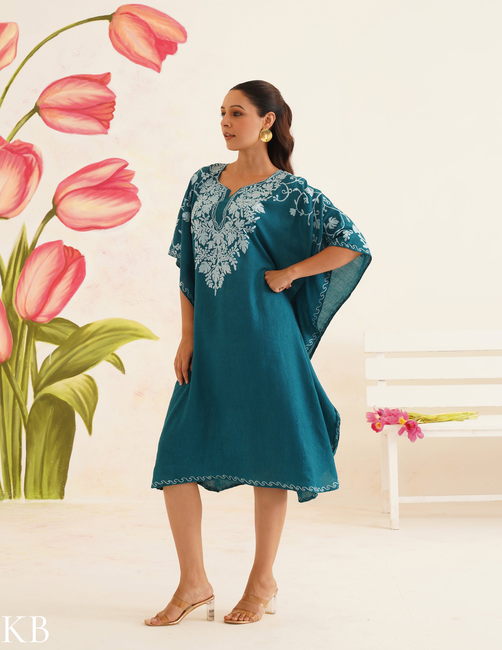 Teal Cotton Kaftan Dress with Light Blue Embroidery | Comfortable Loose-Fit | Summer Ethnic Wear - Kashmir Box