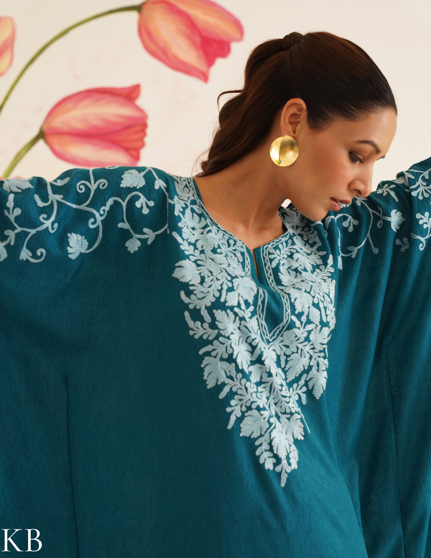 Teal Cotton Kaftan Dress with Light Blue Embroidery | Comfortable Loose-Fit | Summer Ethnic Wear - Kashmir Box