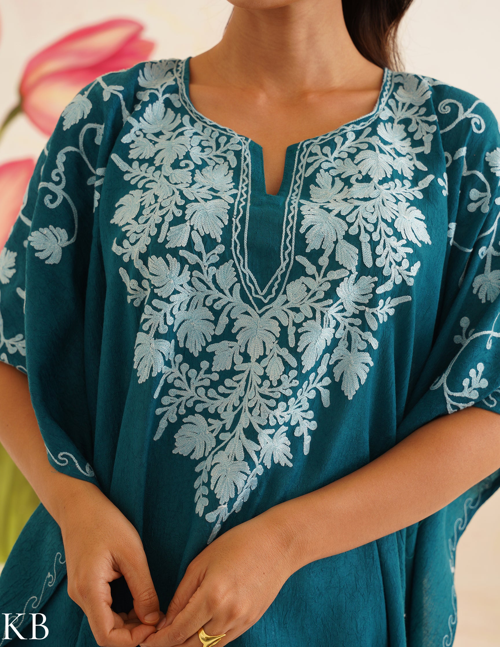 Teal Cotton Kaftan Dress with Light Blue Embroidery | Comfortable Loose-Fit | Summer Ethnic Wear - Kashmir Box