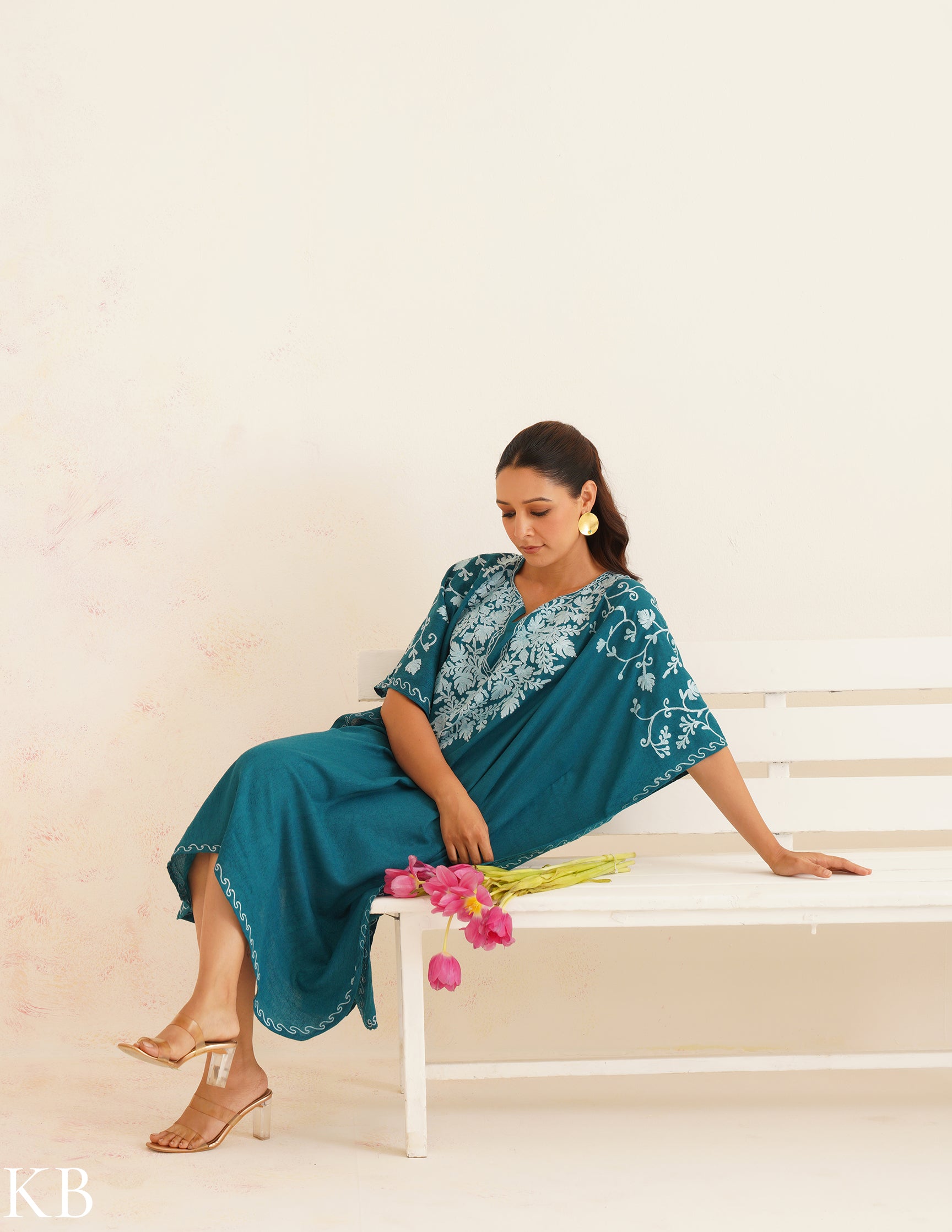 Teal Cotton Kaftan Dress with Light Blue Embroidery | Comfortable Loose-Fit | Summer Ethnic Wear - Kashmir Box