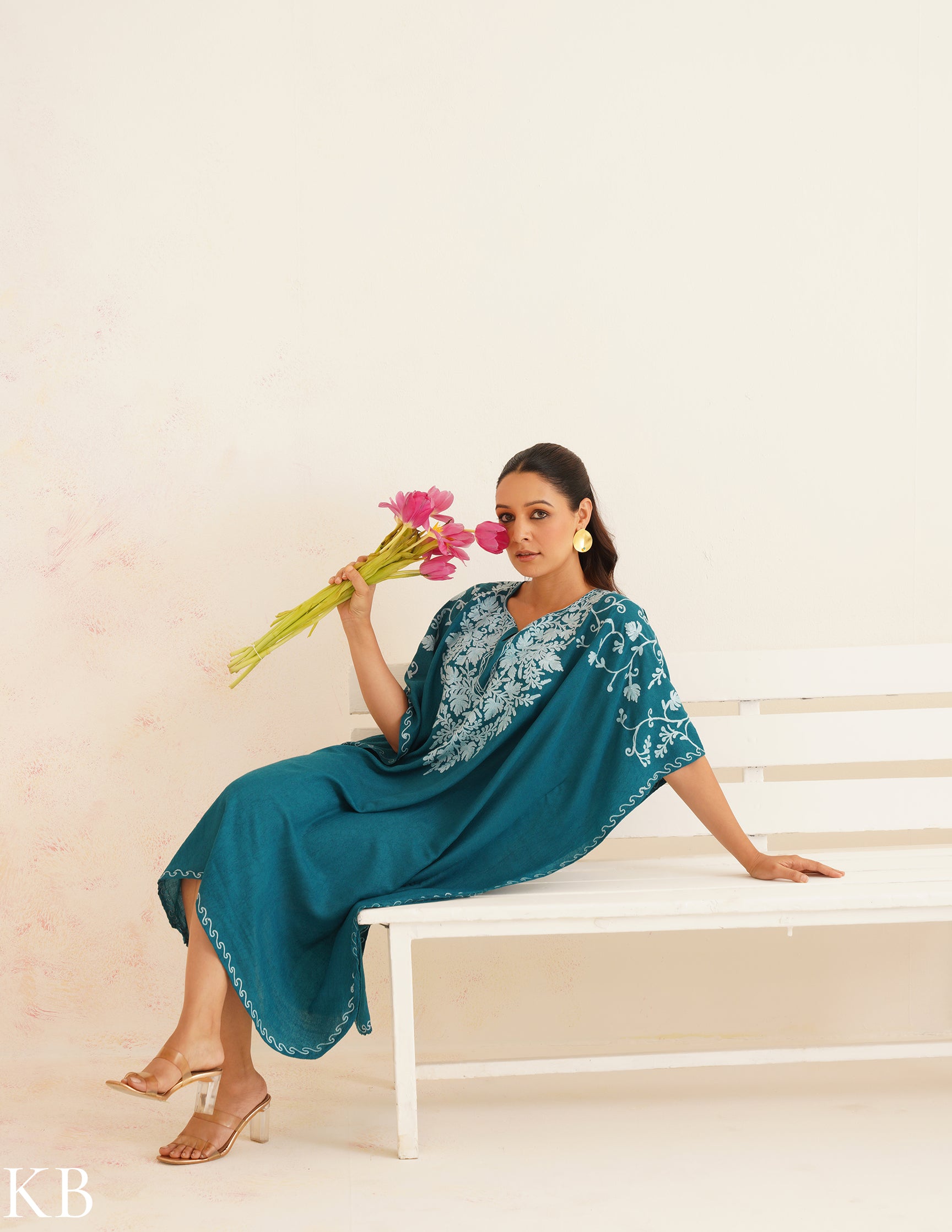 Teal Cotton Kaftan Dress with Light Blue Embroidery | Comfortable Loose-Fit | Summer Ethnic Wear - Kashmir Box