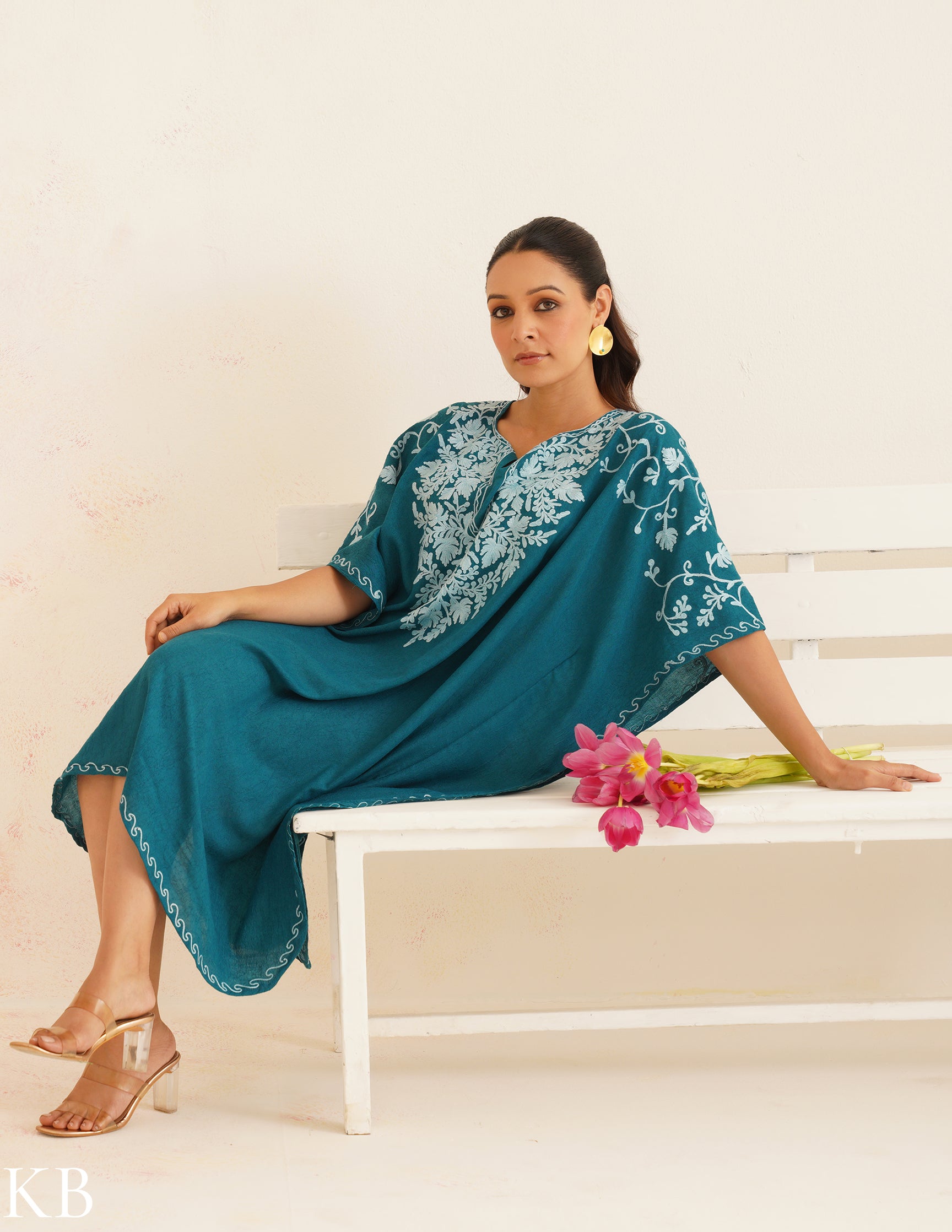 Teal Cotton Kaftan Dress with Light Blue Embroidery | Comfortable Loose-Fit | Summer Ethnic Wear - Kashmir Box