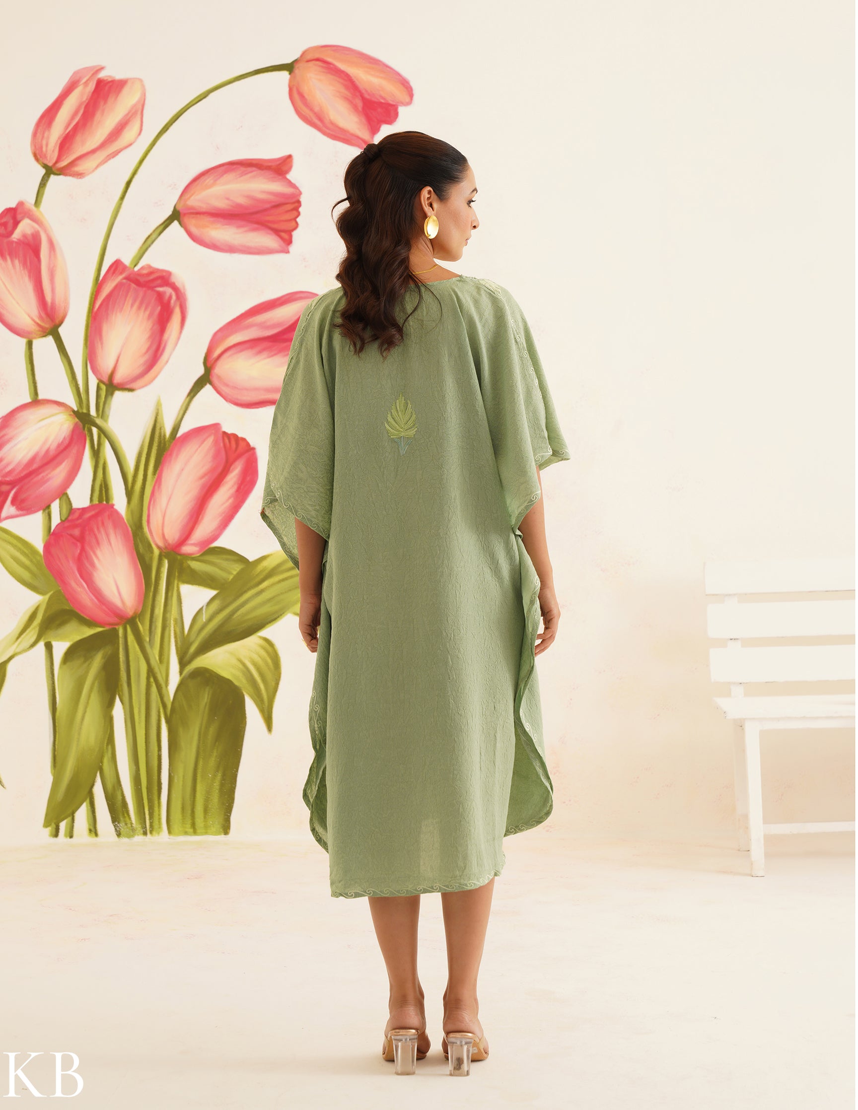 Sage Green Cotton Kaftan Dress with Tonal Embroidery | Comfortable Loose-Fit | Summer Ethnic Wear - Kashmir Box