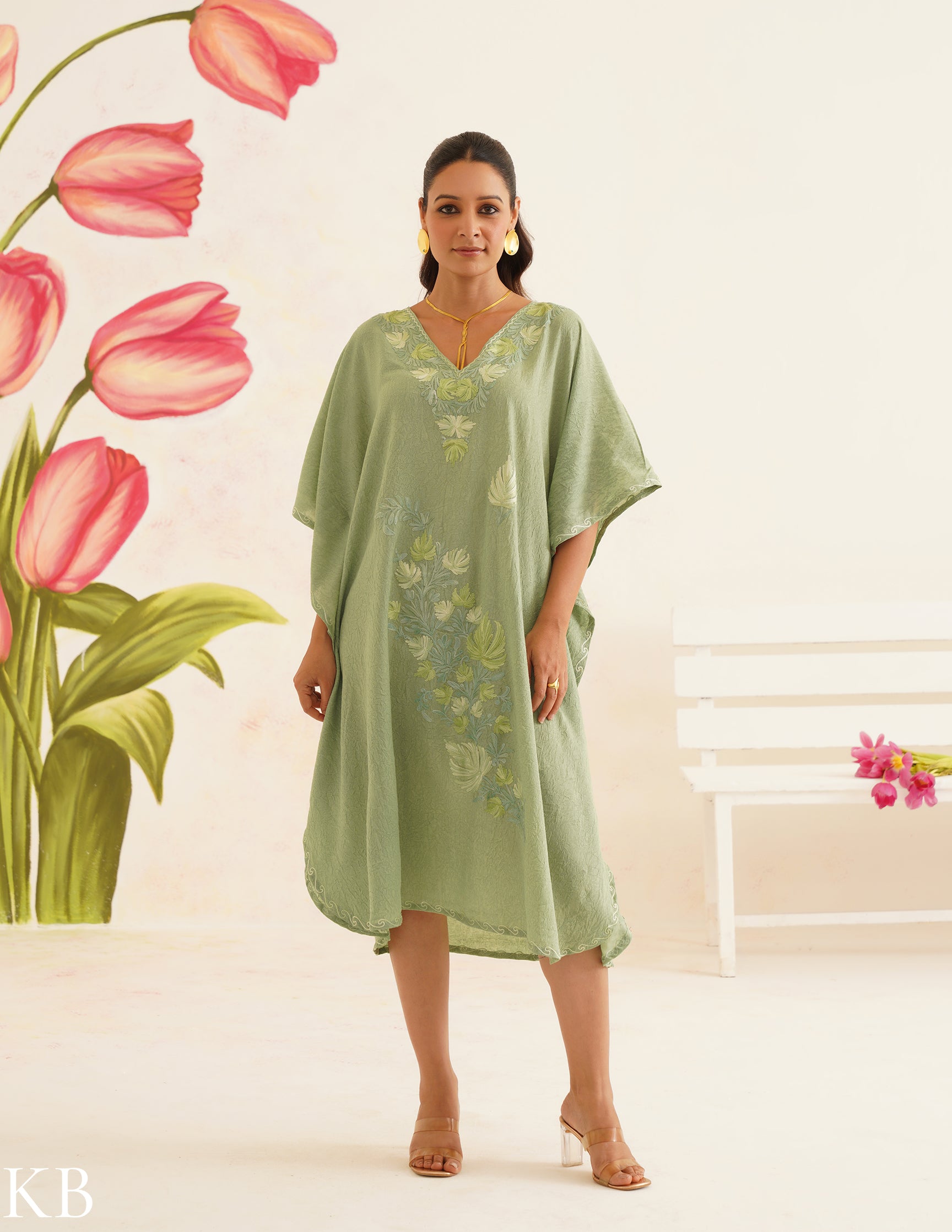 Sage Green Cotton Kaftan Dress with Tonal Embroidery | Comfortable Loose-Fit | Summer Ethnic Wear - Kashmir Box