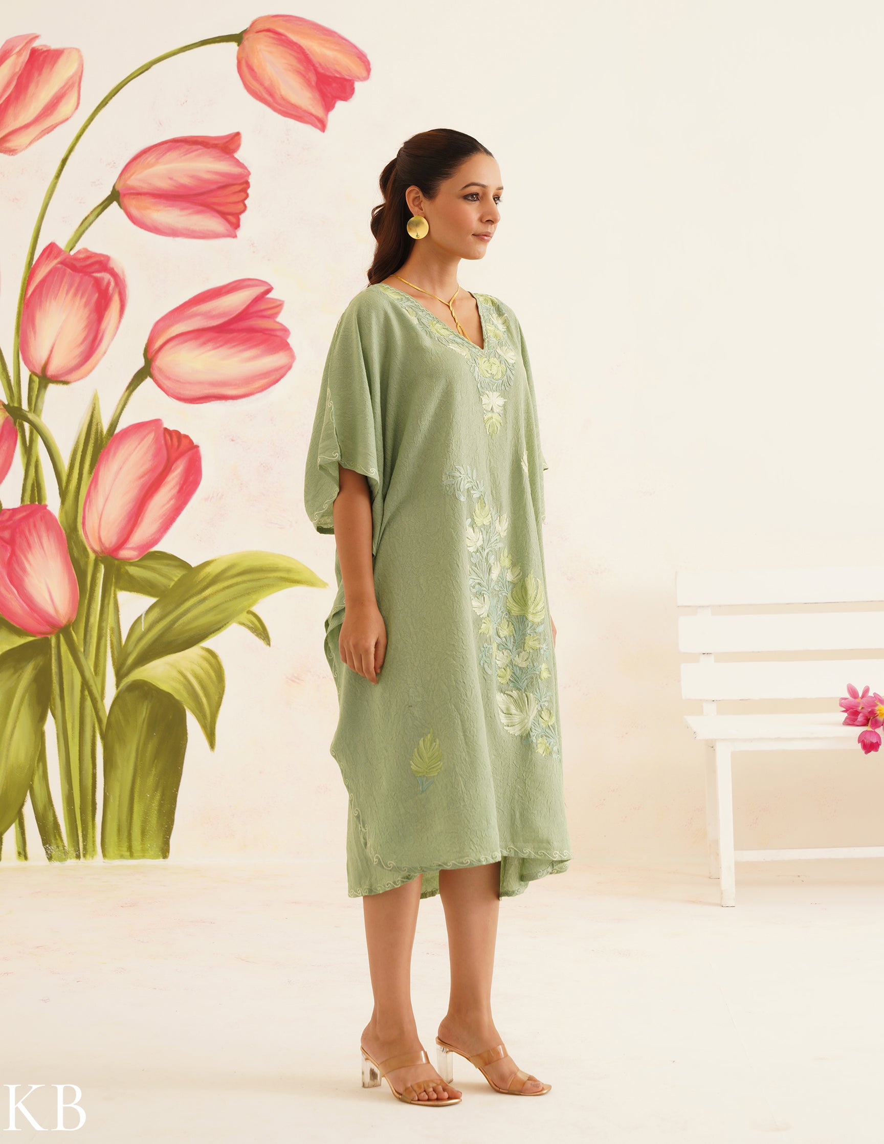 Sage Green Cotton Kaftan Dress with Tonal Embroidery | Comfortable Loose-Fit | Summer Ethnic Wear - Kashmir Box