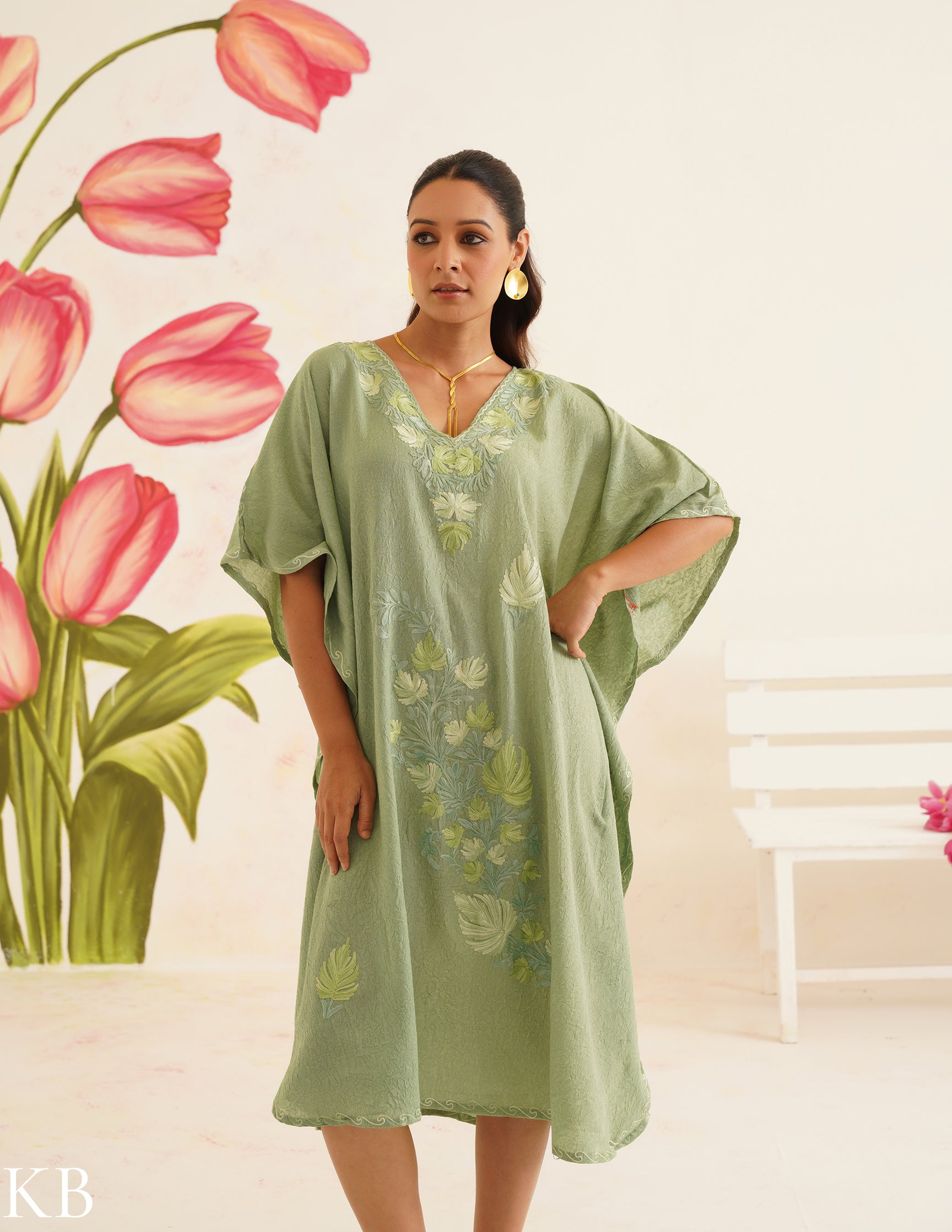 Sage Green Cotton Kaftan Dress with Tonal Embroidery | Comfortable Loose-Fit | Summer Ethnic Wear - Kashmir Box