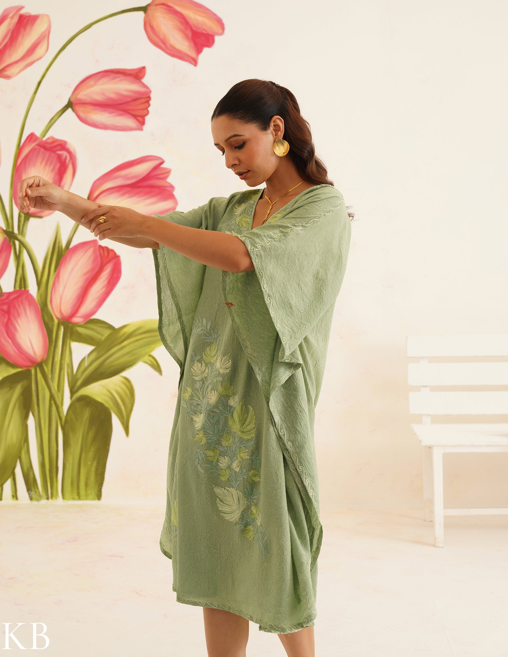 Sage Green Cotton Kaftan Dress with Tonal Embroidery | Comfortable Loose-Fit | Summer Ethnic Wear - Kashmir Box