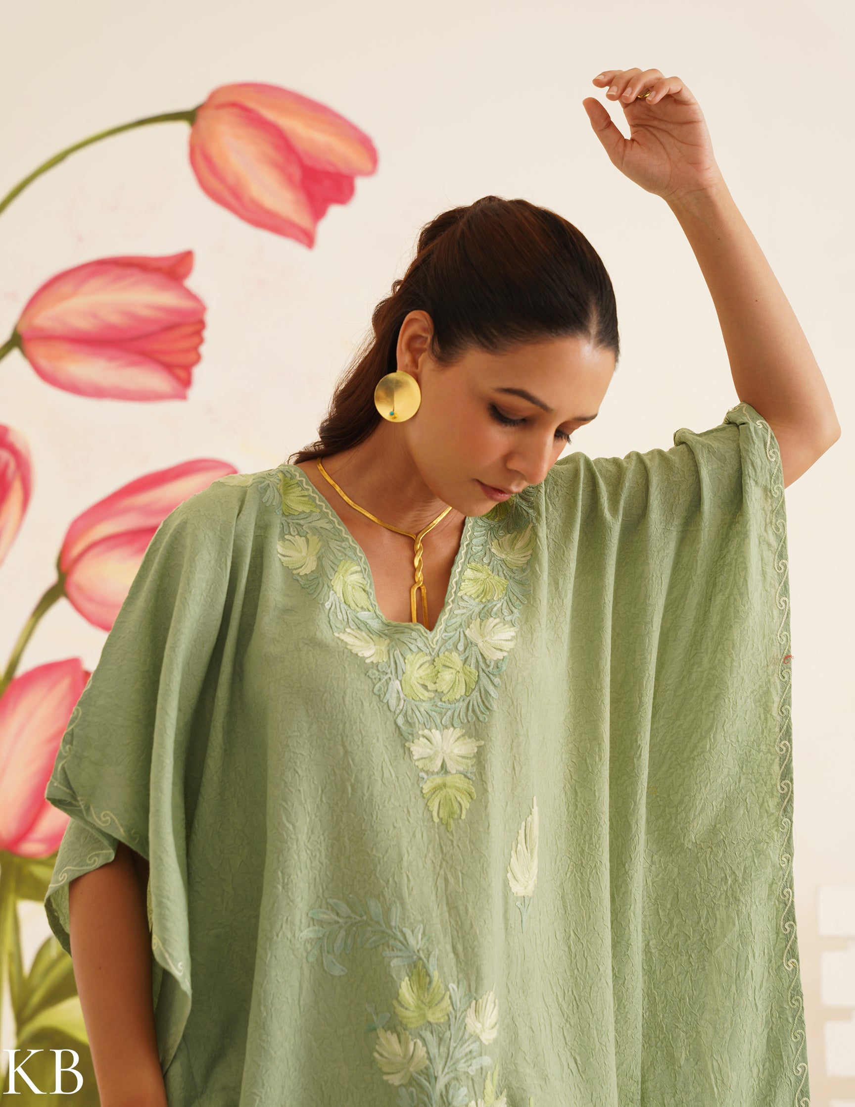 Sage Green Cotton Kaftan Dress with Tonal Embroidery | Comfortable Loose-Fit | Summer Ethnic Wear - Kashmir Box