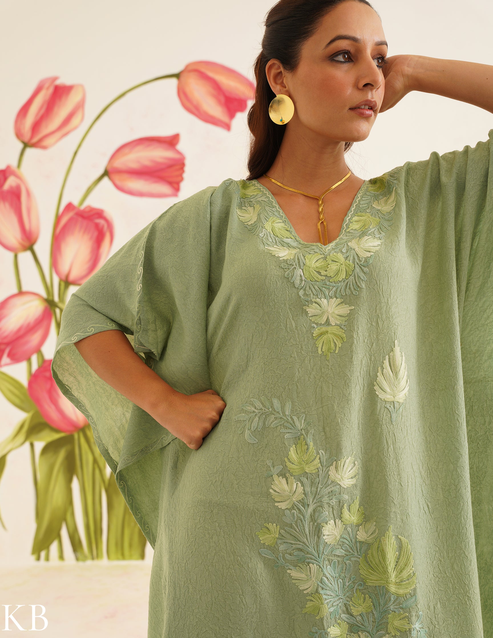 Sage Green Cotton Kaftan Dress with Tonal Embroidery | Comfortable Loose-Fit | Summer Ethnic Wear - Kashmir Box