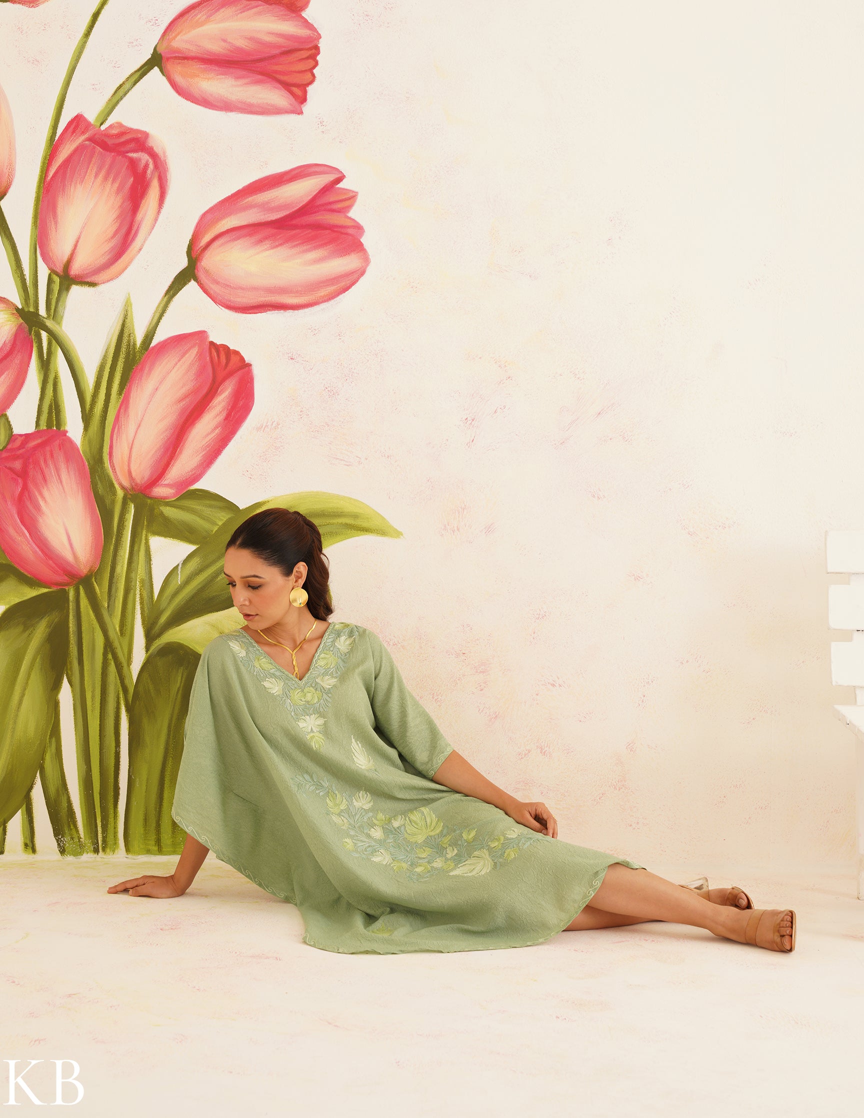 Sage Green Cotton Kaftan Dress with Tonal Embroidery | Comfortable Loose-Fit | Summer Ethnic Wear - Kashmir Box