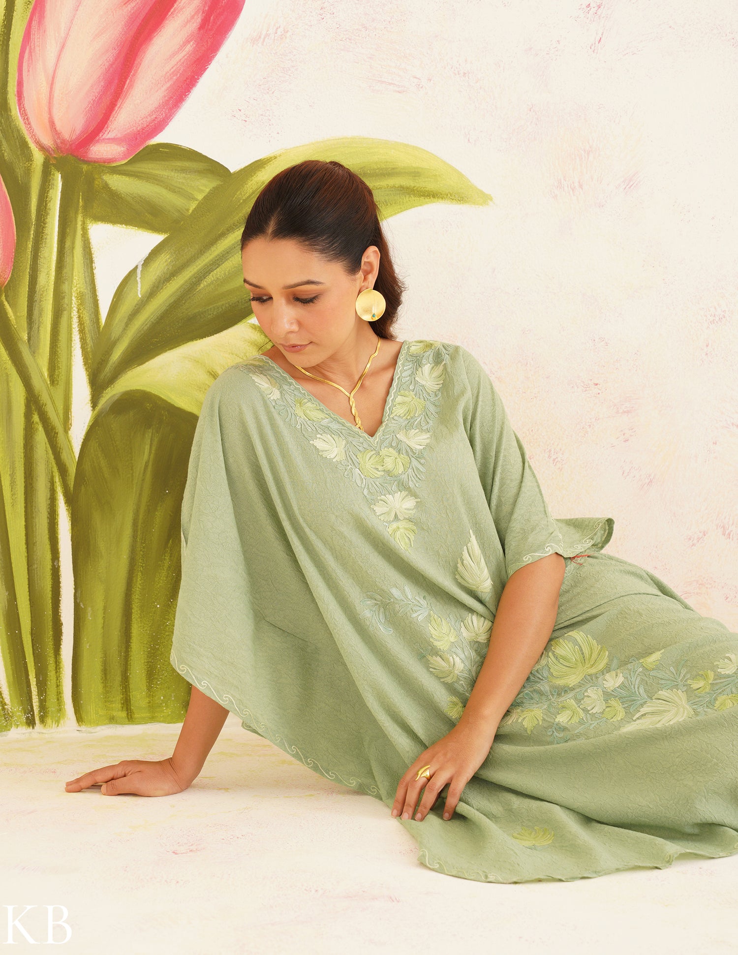 Sage Green Cotton Kaftan Dress with Tonal Embroidery | Comfortable Loose-Fit | Summer Ethnic Wear - Kashmir Box