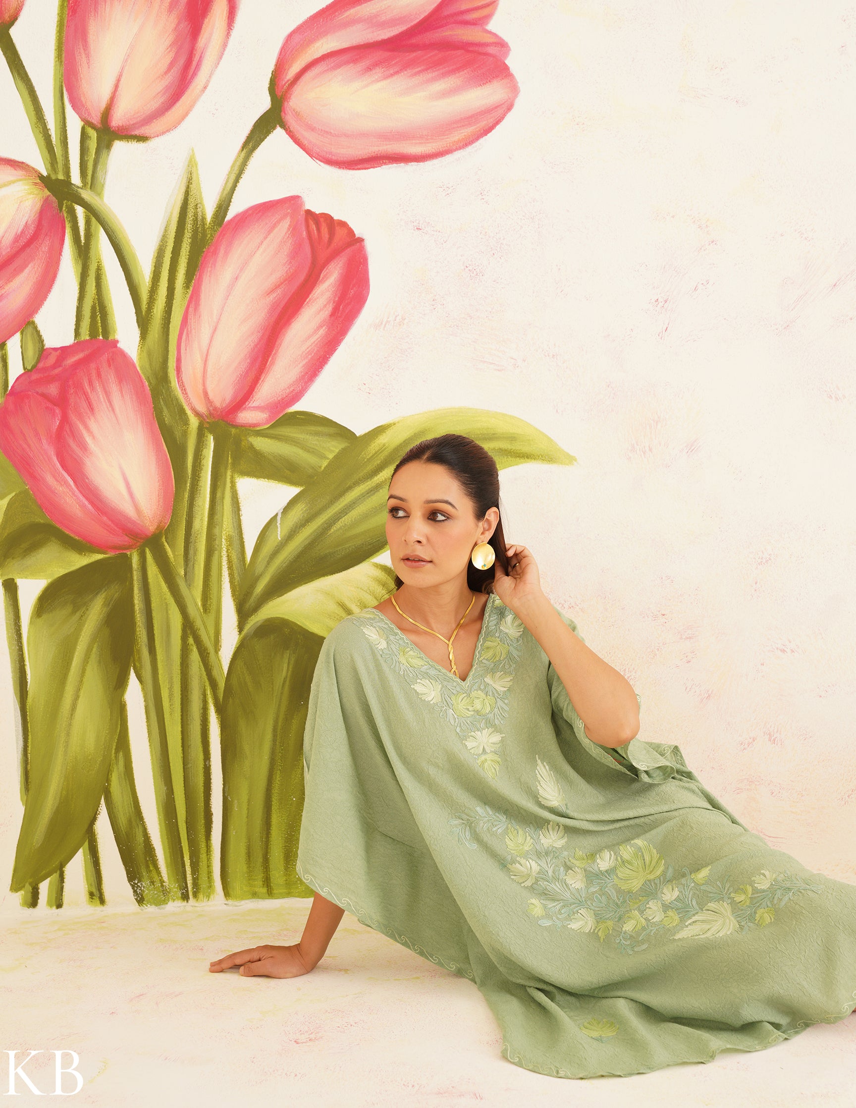 Sage Green Cotton Kaftan Dress with Tonal Embroidery | Comfortable Loose-Fit | Summer Ethnic Wear - Kashmir Box