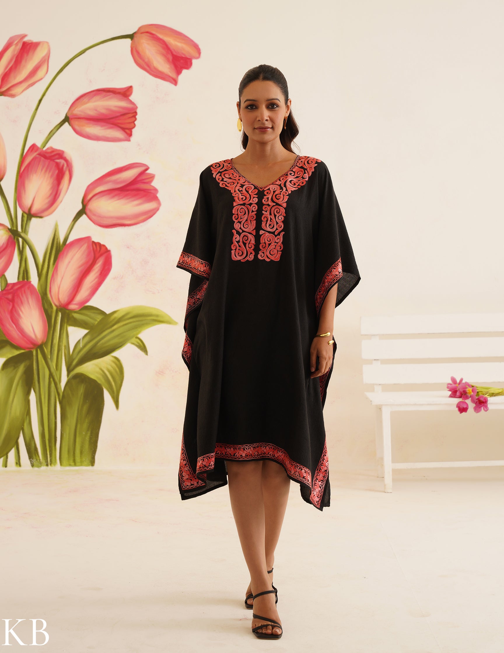 Black Cotton Kaftan Dress with Coral Embroidery | Comfortable Loose-Fit | Elegant Summer Ethnic Wear - Kashmir Box