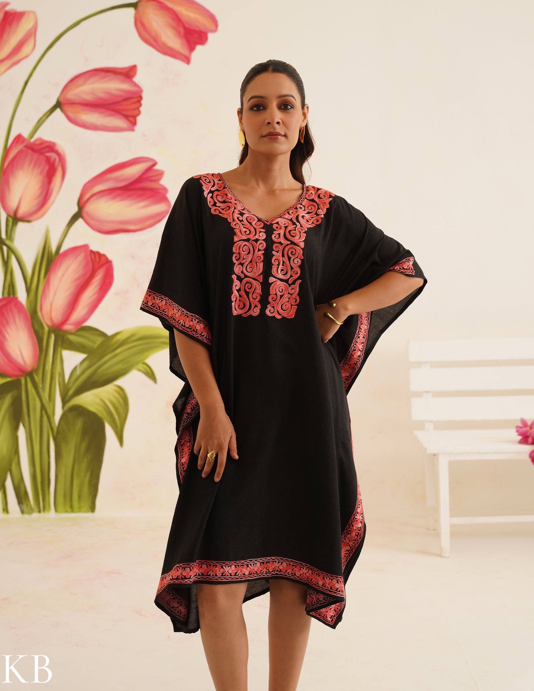 Black Cotton Kaftan Dress with Coral Embroidery | Comfortable Loose-Fit | Elegant Summer Ethnic Wear - Kashmir Box