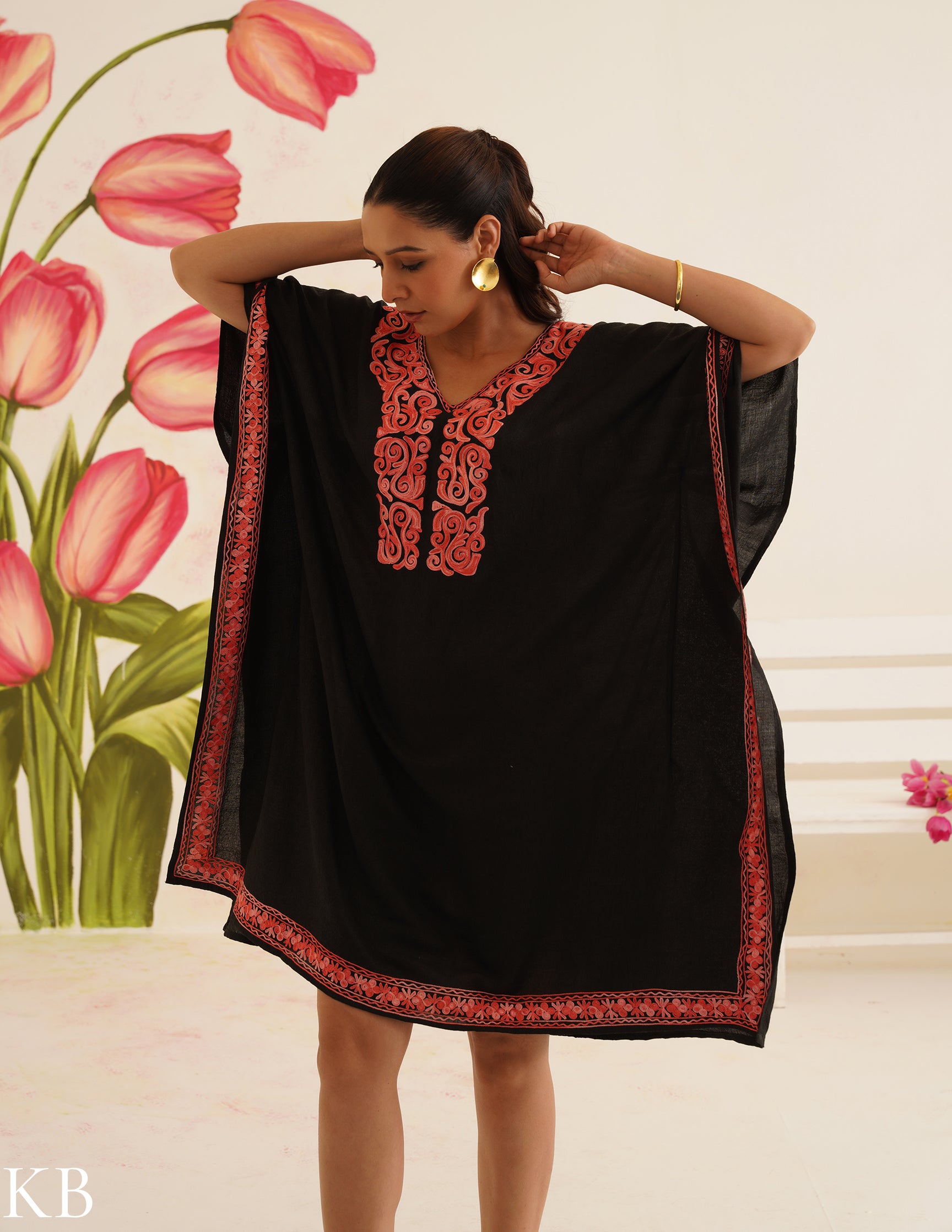 Black Cotton Kaftan Dress with Coral Embroidery | Comfortable Loose-Fit | Elegant Summer Ethnic Wear - Kashmir Box