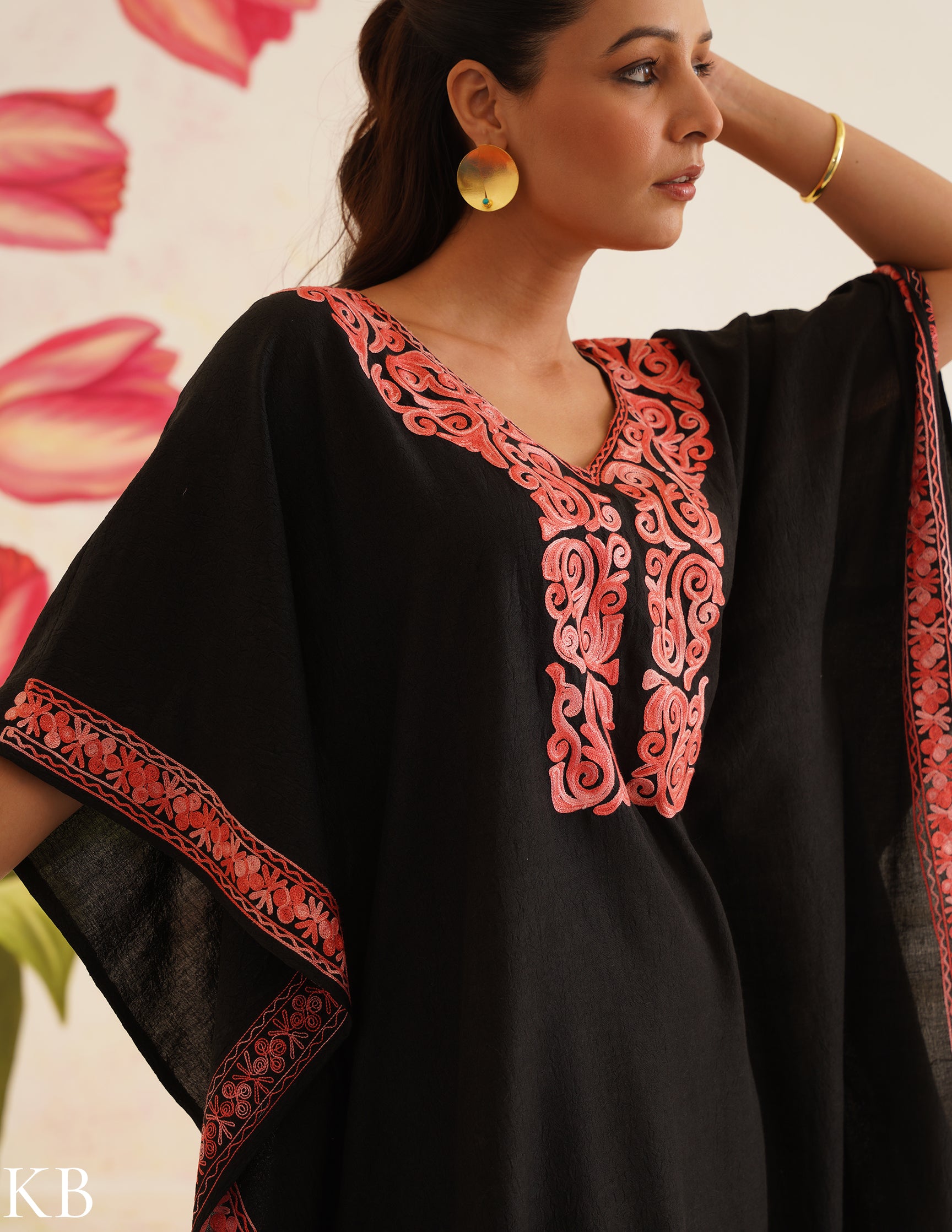 Black Cotton Kaftan Dress with Coral Embroidery | Comfortable Loose-Fit | Elegant Summer Ethnic Wear - Kashmir Box