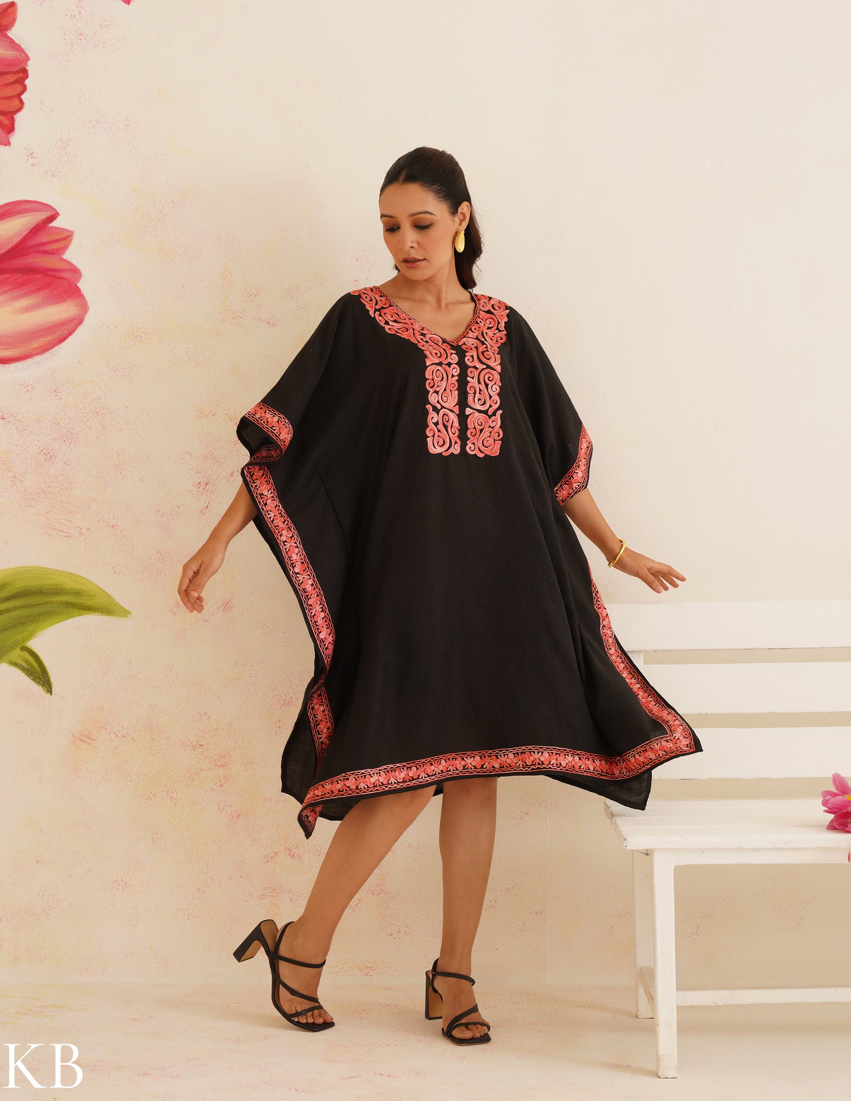 Black Cotton Kaftan Dress with Coral Embroidery | Comfortable Loose-Fit | Elegant Summer Ethnic Wear - Kashmir Box
