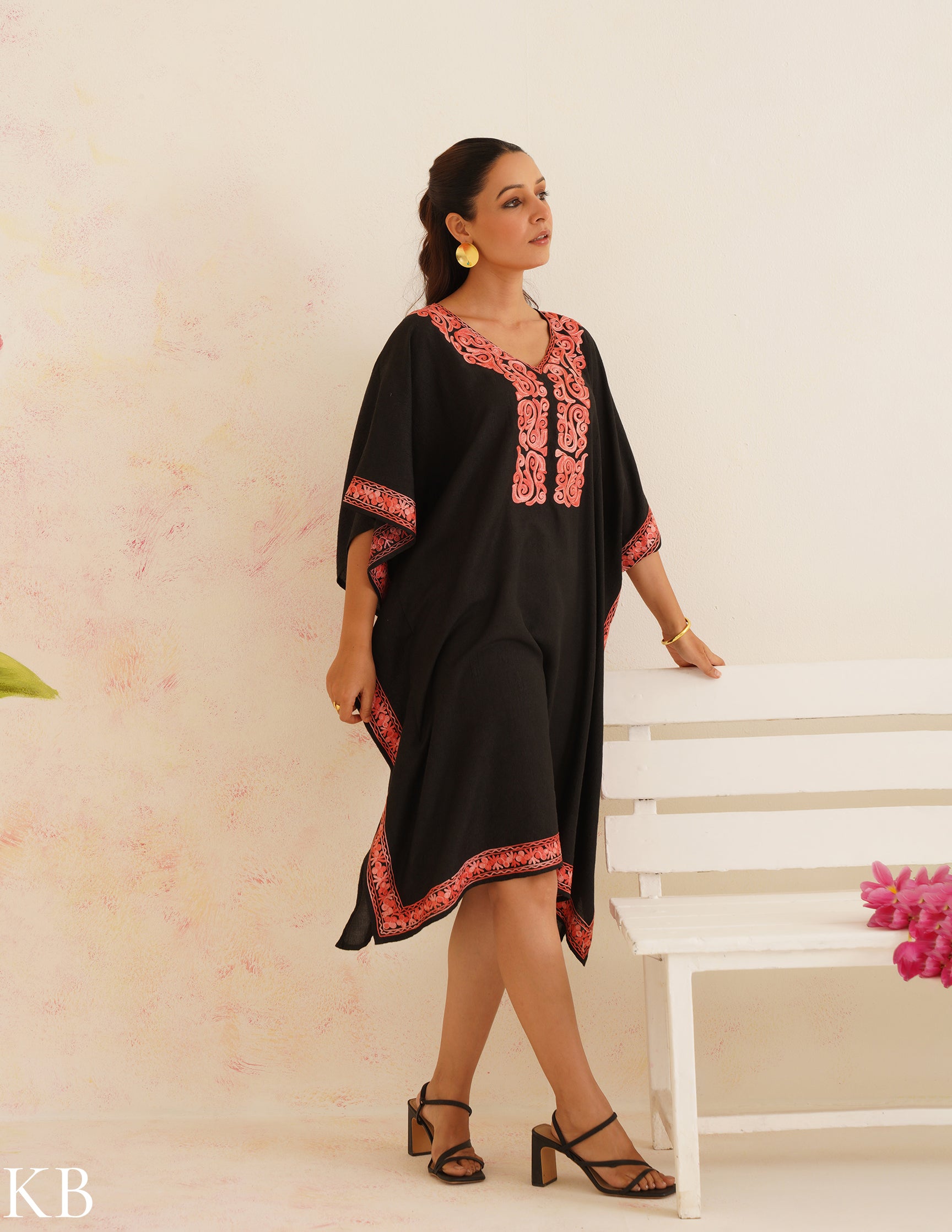 Black Cotton Kaftan Dress with Coral Embroidery | Comfortable Loose-Fit | Elegant Summer Ethnic Wear - Kashmir Box