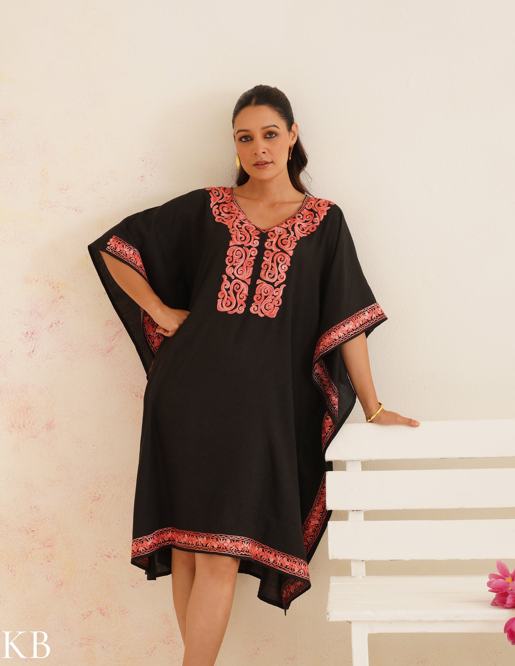Black Cotton Kaftan Dress with Coral Embroidery | Comfortable Loose-Fit | Elegant Summer Ethnic Wear - Kashmir Box