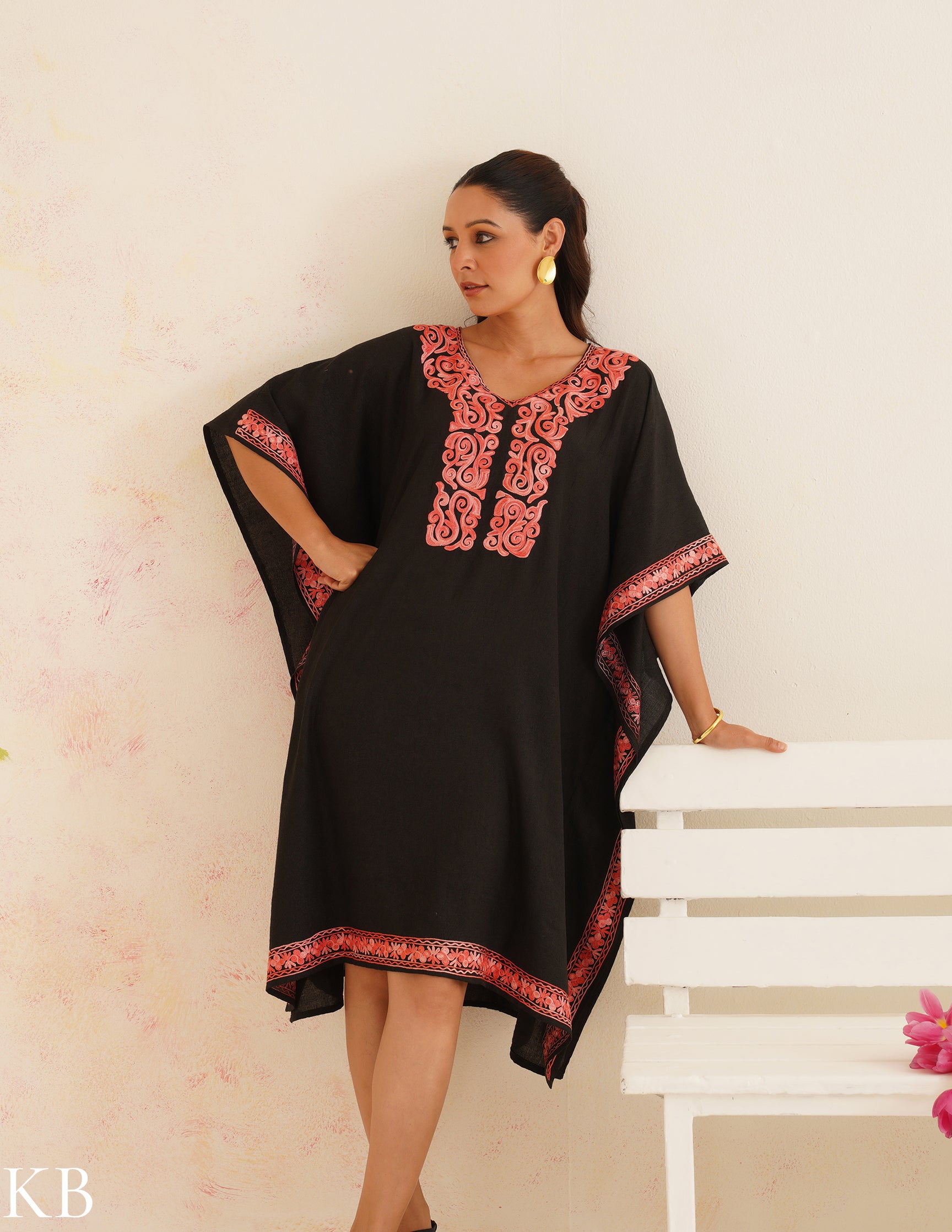 Black Cotton Kaftan Dress with Coral Embroidery | Comfortable Loose-Fit | Elegant Summer Ethnic Wear - Kashmir Box