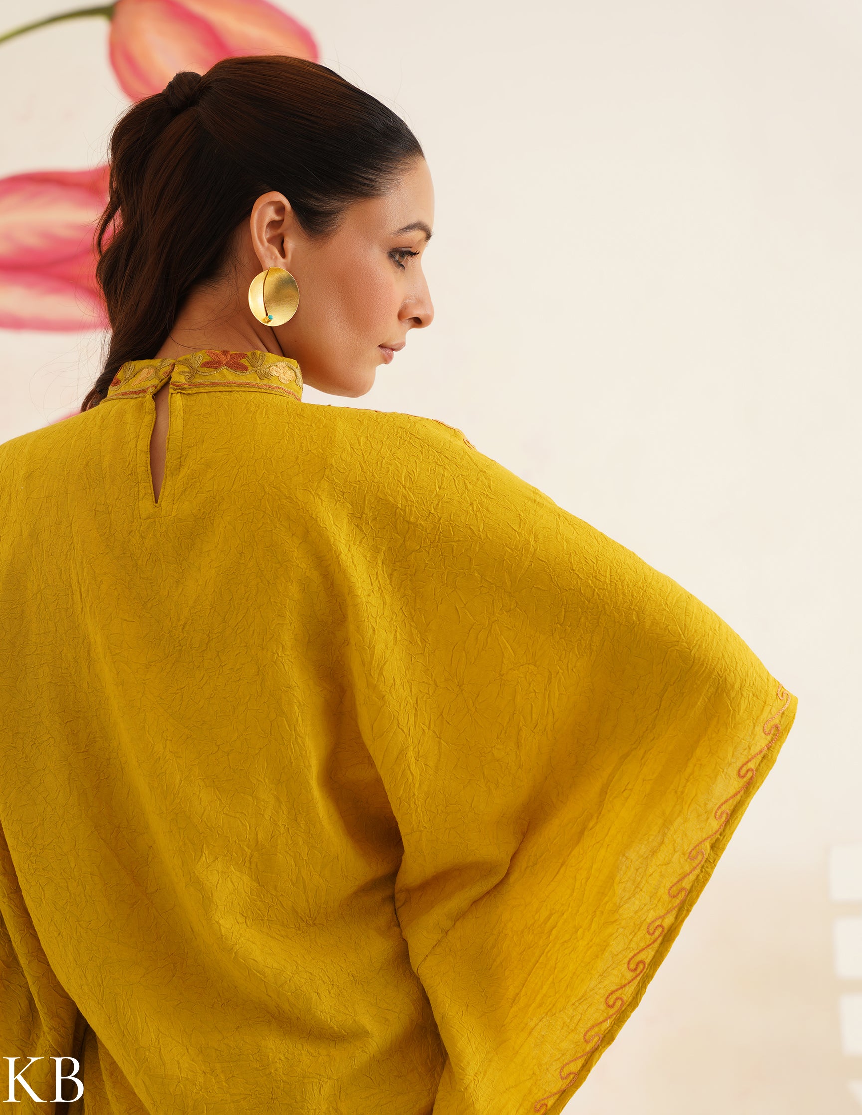 Olive Green Cotton Kaftan Dress | Pink Floral Aari Embroidery | Summer Ethnic Wear - Kashmir Box