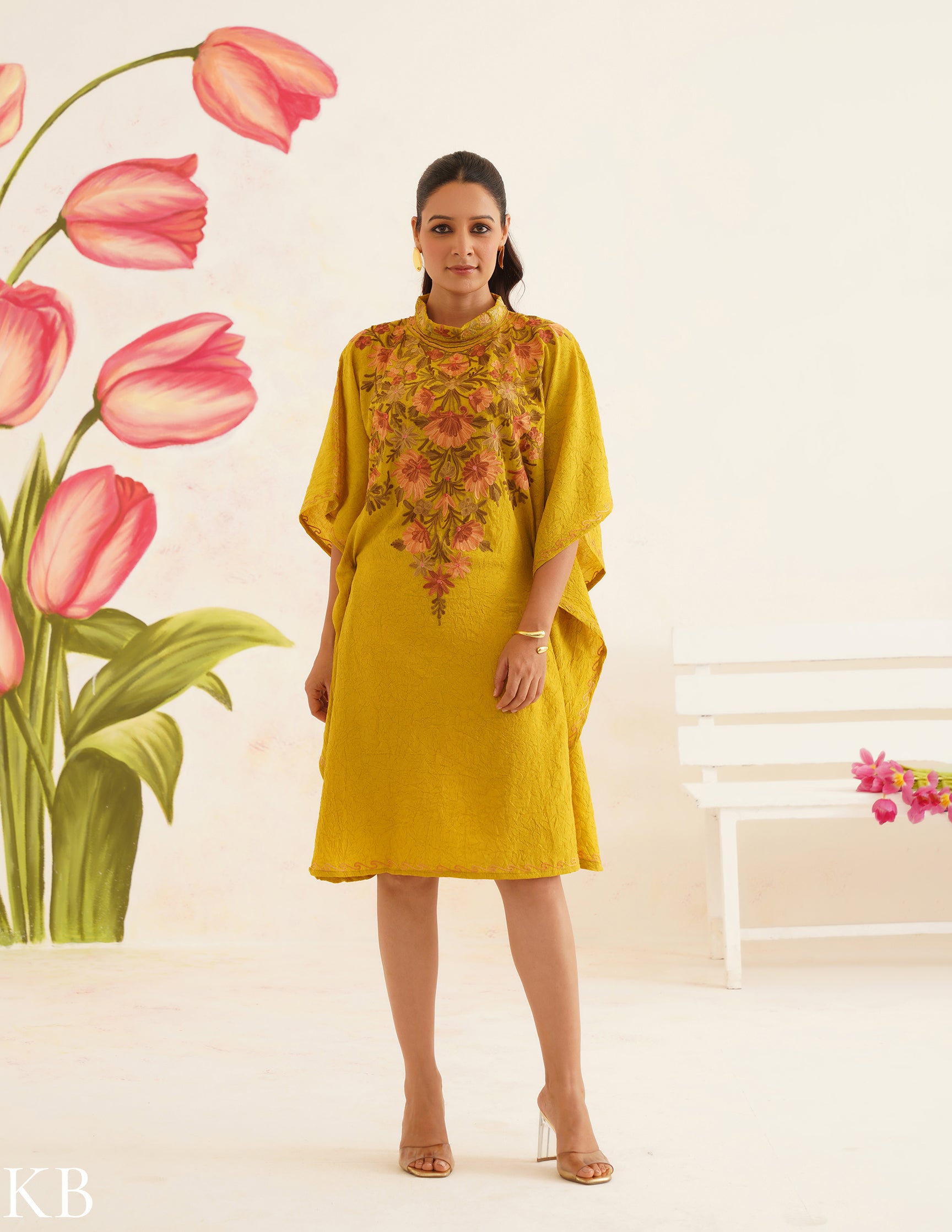 Olive Green Cotton Kaftan Dress | Pink Floral Aari Embroidery | Summer Ethnic Wear - Kashmir Box