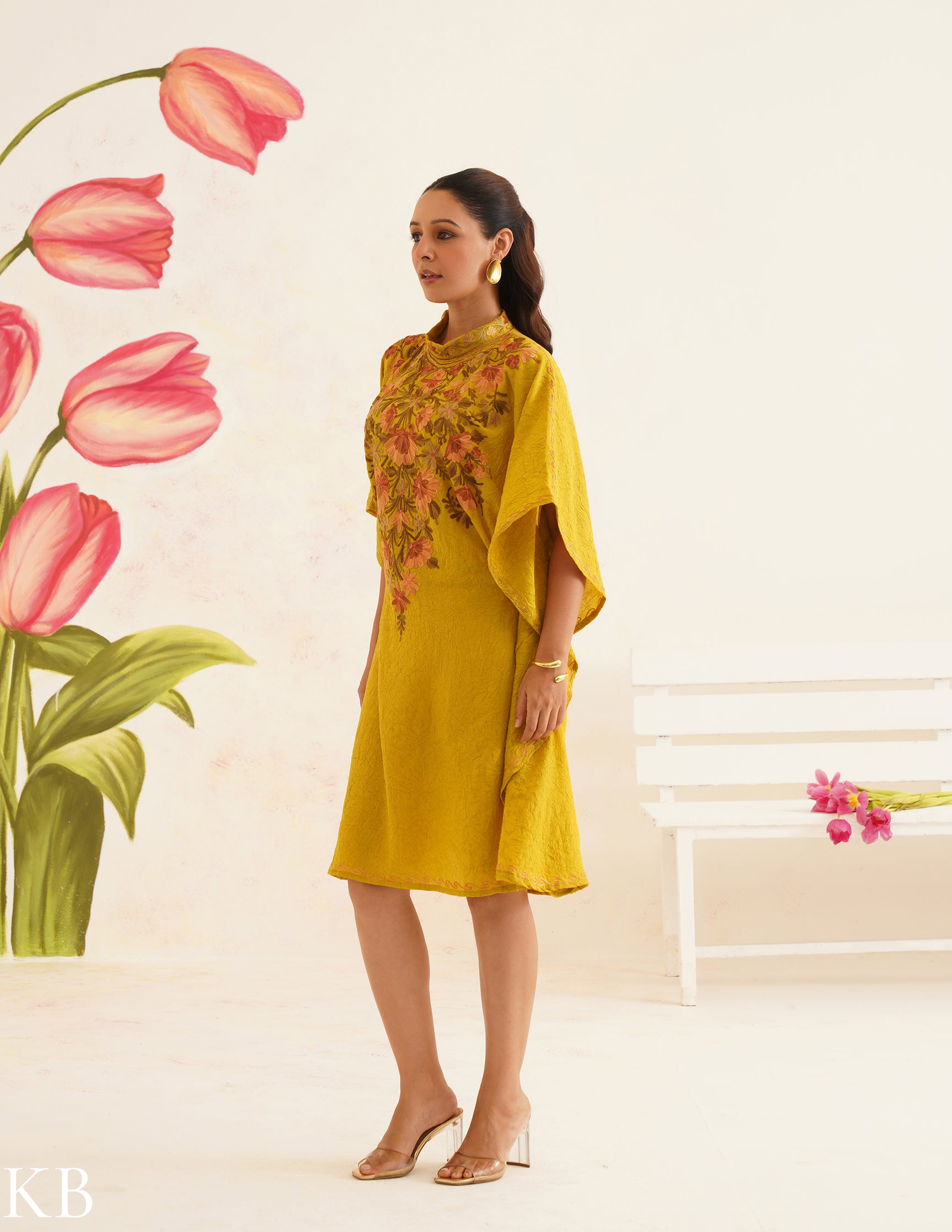 Olive Green Cotton Kaftan Dress | Pink Floral Aari Embroidery | Summer Ethnic Wear - Kashmir Box