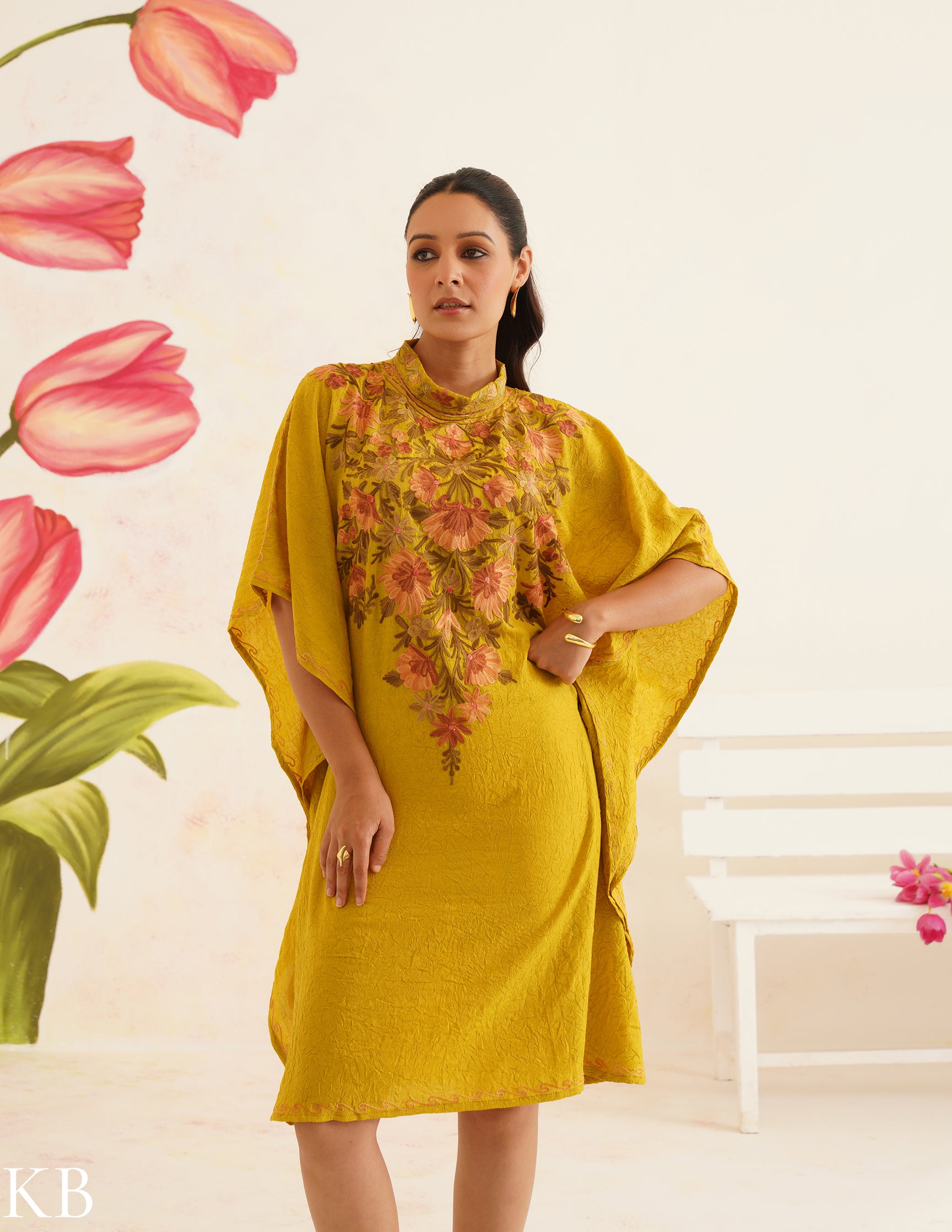 Olive Green Cotton Kaftan Dress | Pink Floral Aari Embroidery | Summer Ethnic Wear - Kashmir Box