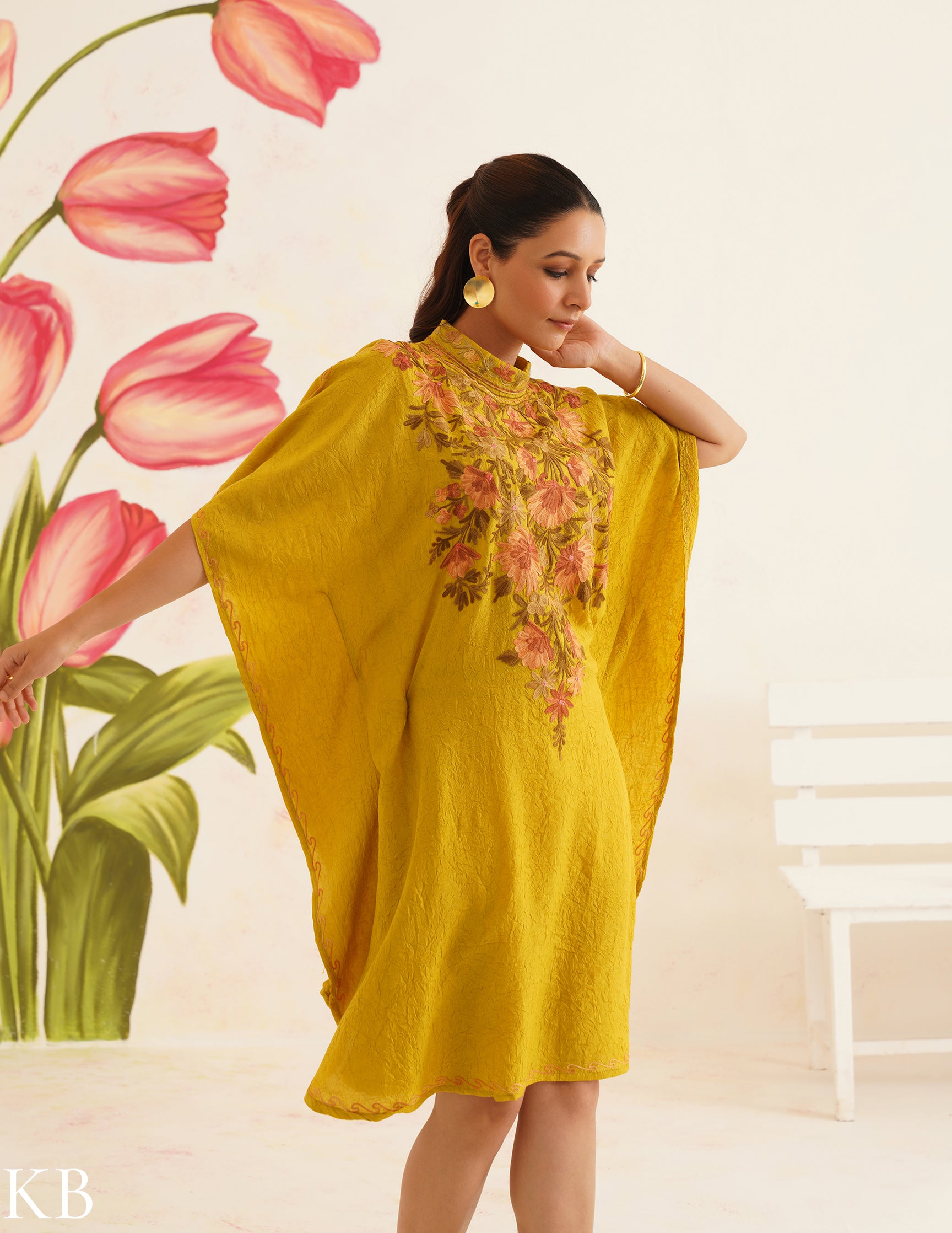 Olive Green Cotton Kaftan Dress | Pink Floral Aari Embroidery | Summer Ethnic Wear - Kashmir Box