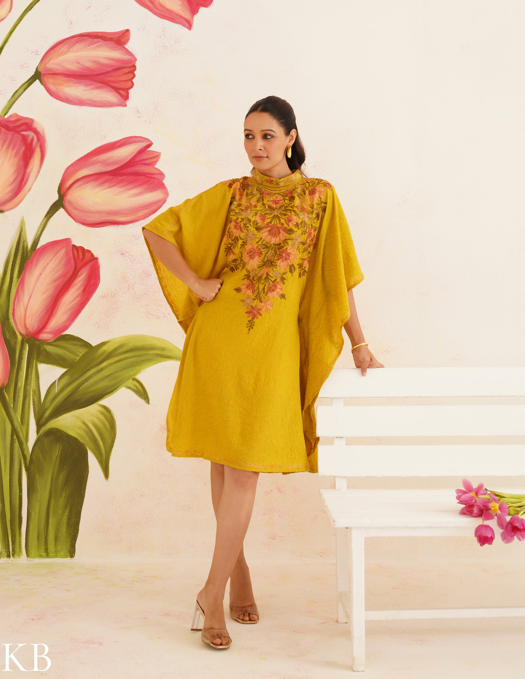 Olive Green Cotton Kaftan Dress | Pink Floral Aari Embroidery | Summer Ethnic Wear - Kashmir Box