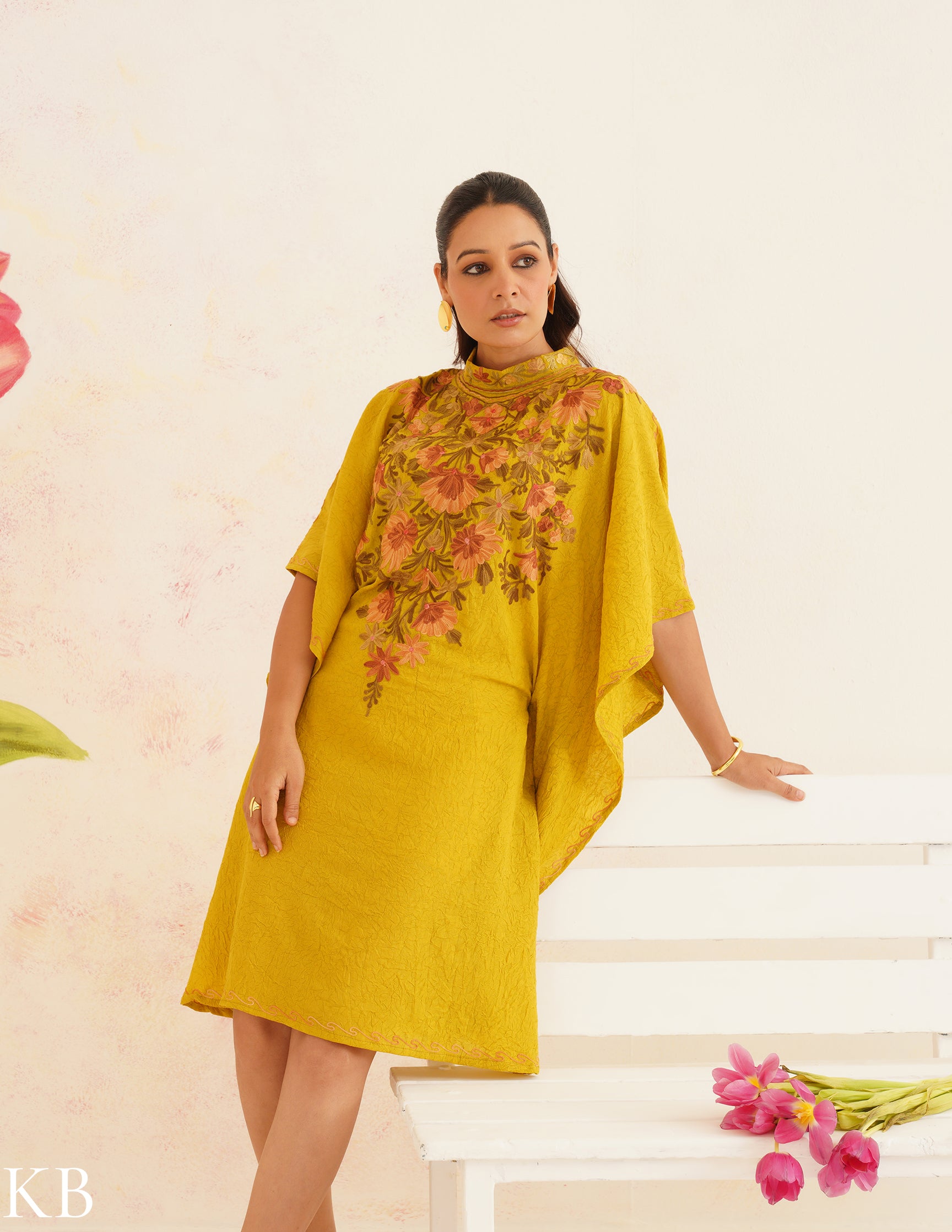 Olive Green Cotton Kaftan Dress | Pink Floral Aari Embroidery | Summer Ethnic Wear - Kashmir Box