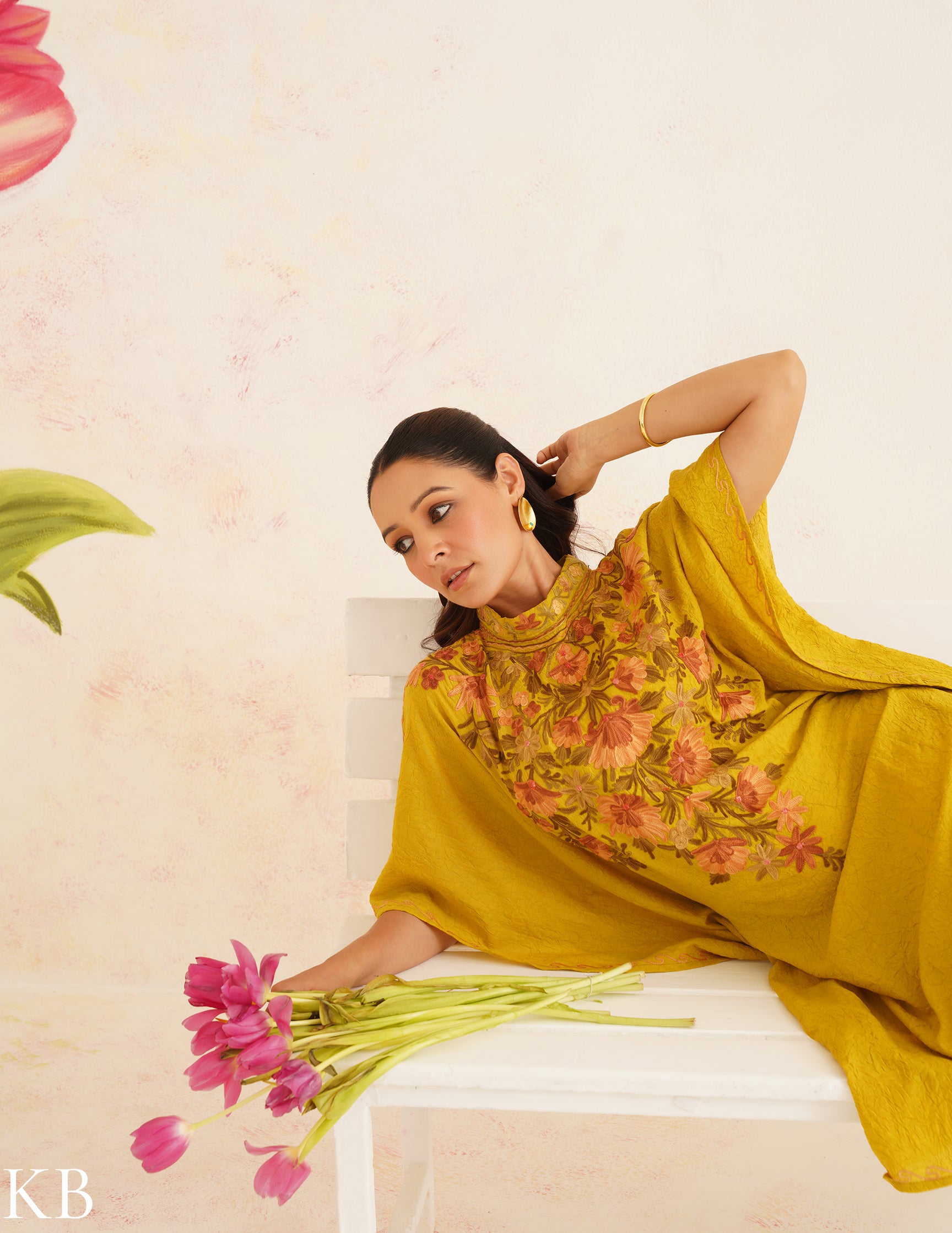 Olive Green Cotton Kaftan Dress | Pink Floral Aari Embroidery | Summer Ethnic Wear - Kashmir Box