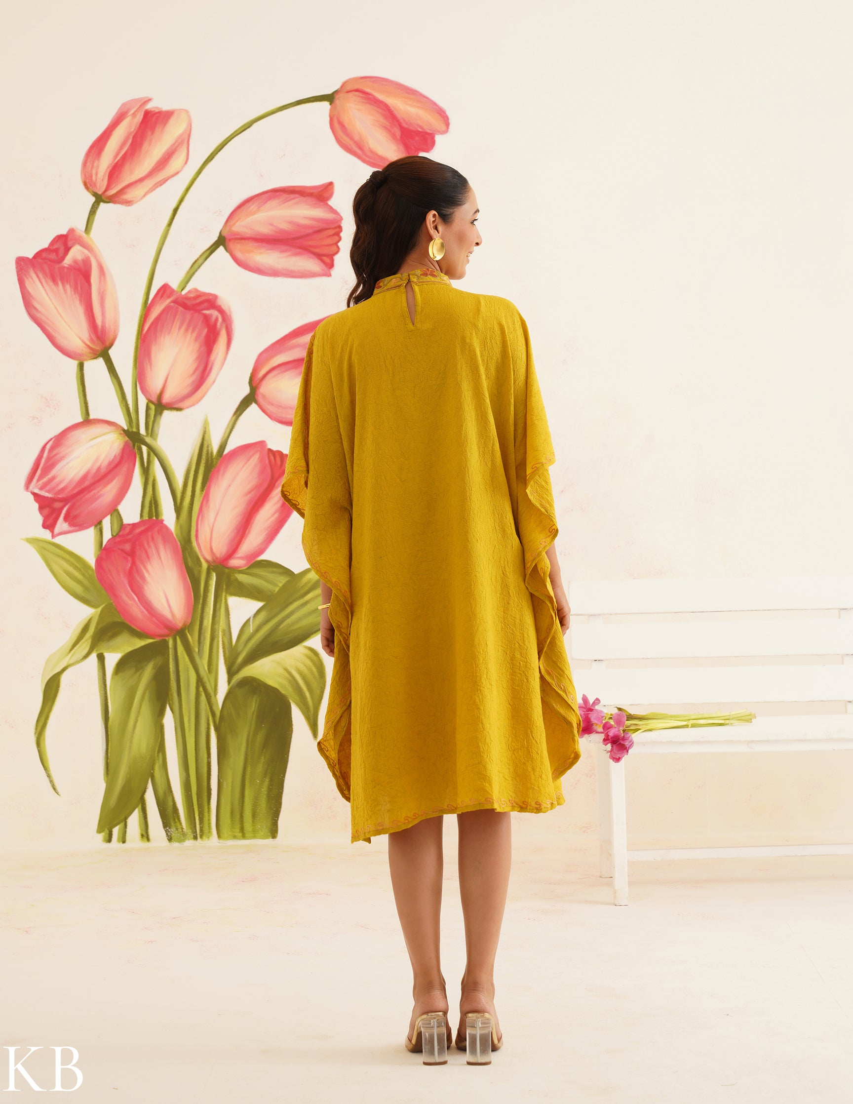 Olive Green Cotton Kaftan Dress | Pink Floral Aari Embroidery | Summer Ethnic Wear - Kashmir Box