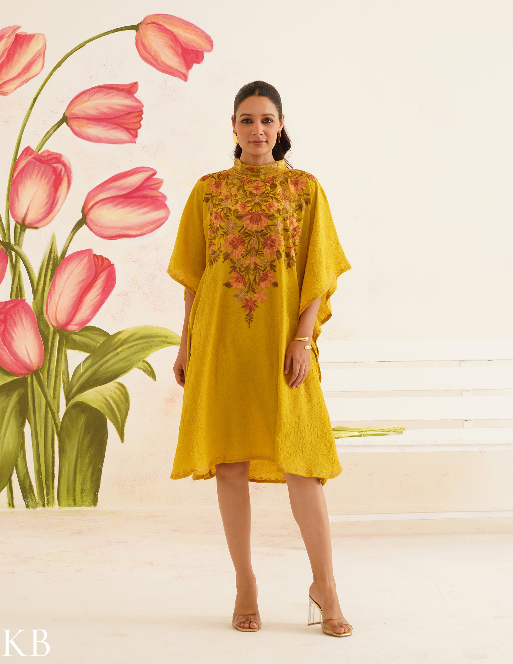 Olive Green Cotton Kaftan Dress | Pink Floral Aari Embroidery | Summer Ethnic Wear - Kashmir Box