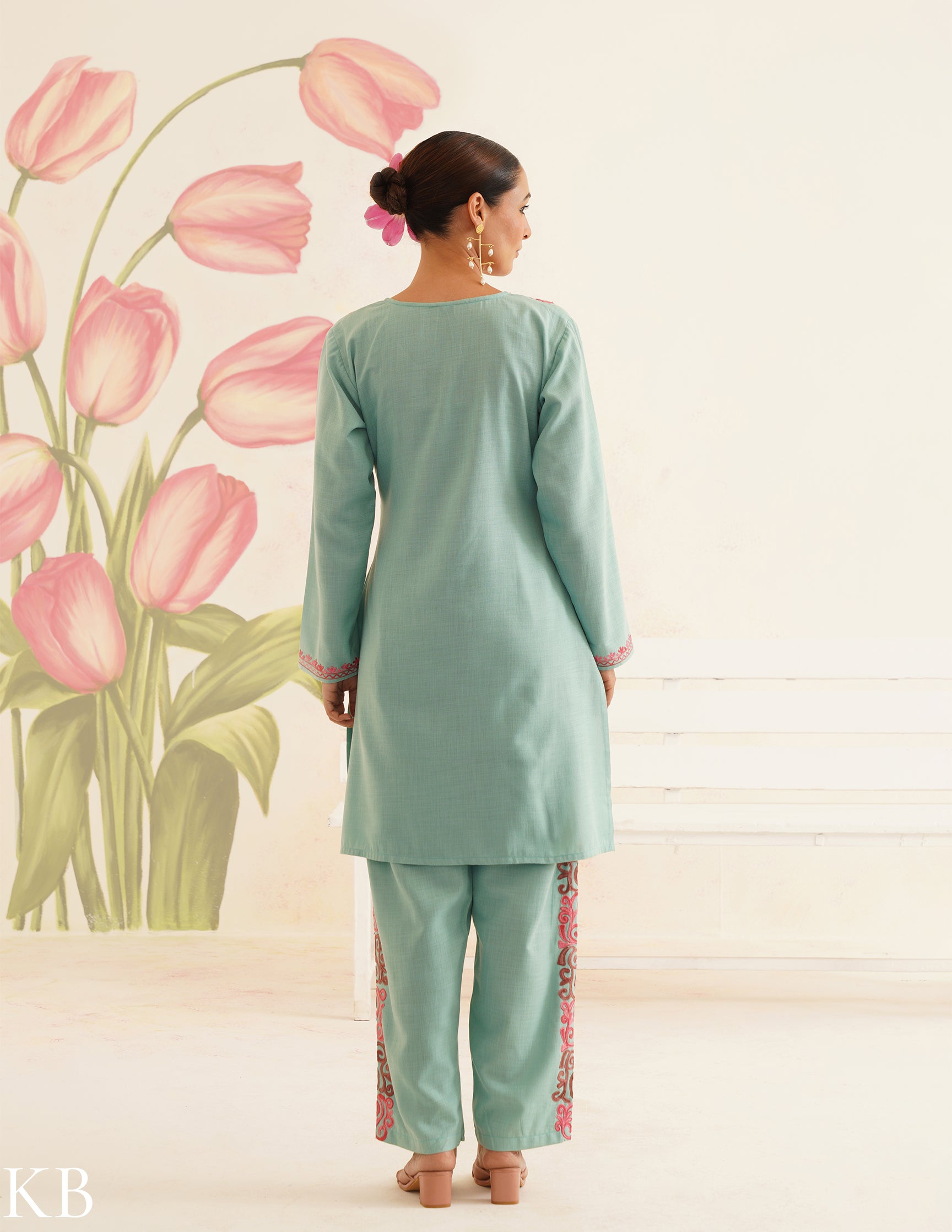 Sea Green Cotton Coordset with Pink Floral Embroidery | Bahaar Collection 2025 - Kashmir Box