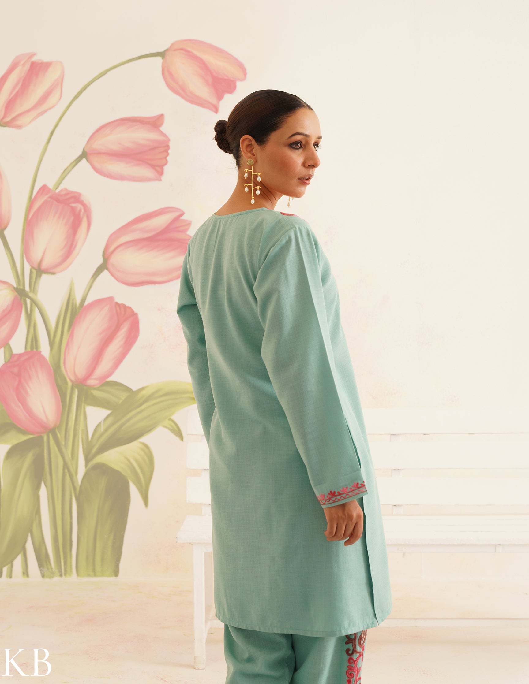 Sea Green Cotton Coordset with Pink Floral Embroidery | Bahaar Collection 2025 - Kashmir Box