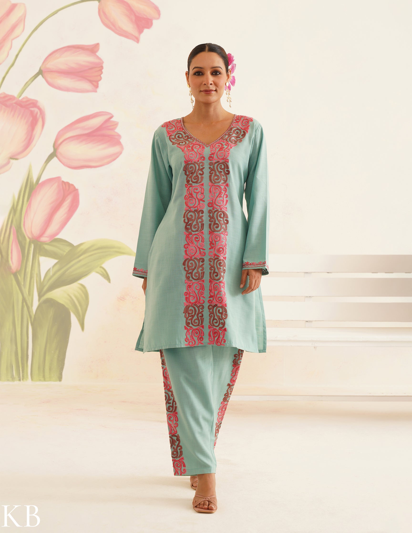 Sea Green Cotton Coordset with Pink Floral Embroidery | Bahaar Collection 2025 - Kashmir Box