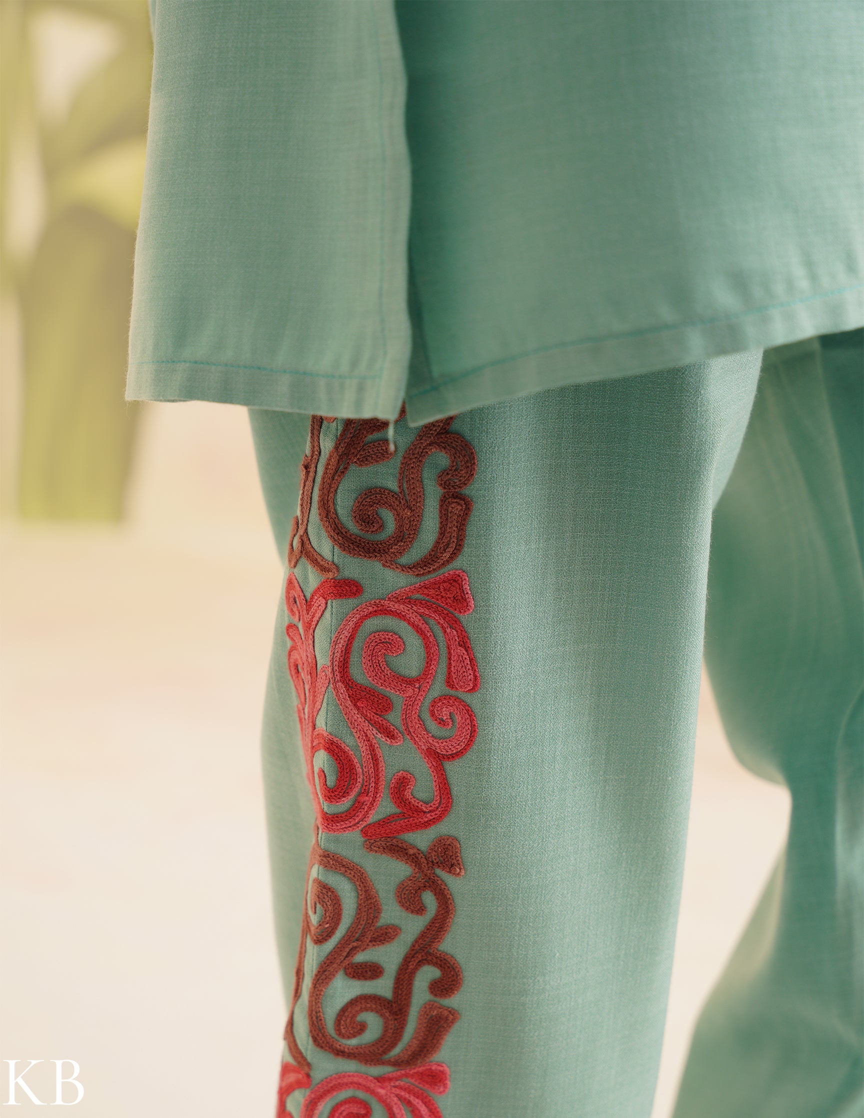 Sea Green Cotton Coordset with Pink Floral Embroidery | Bahaar Collection 2025 - Kashmir Box