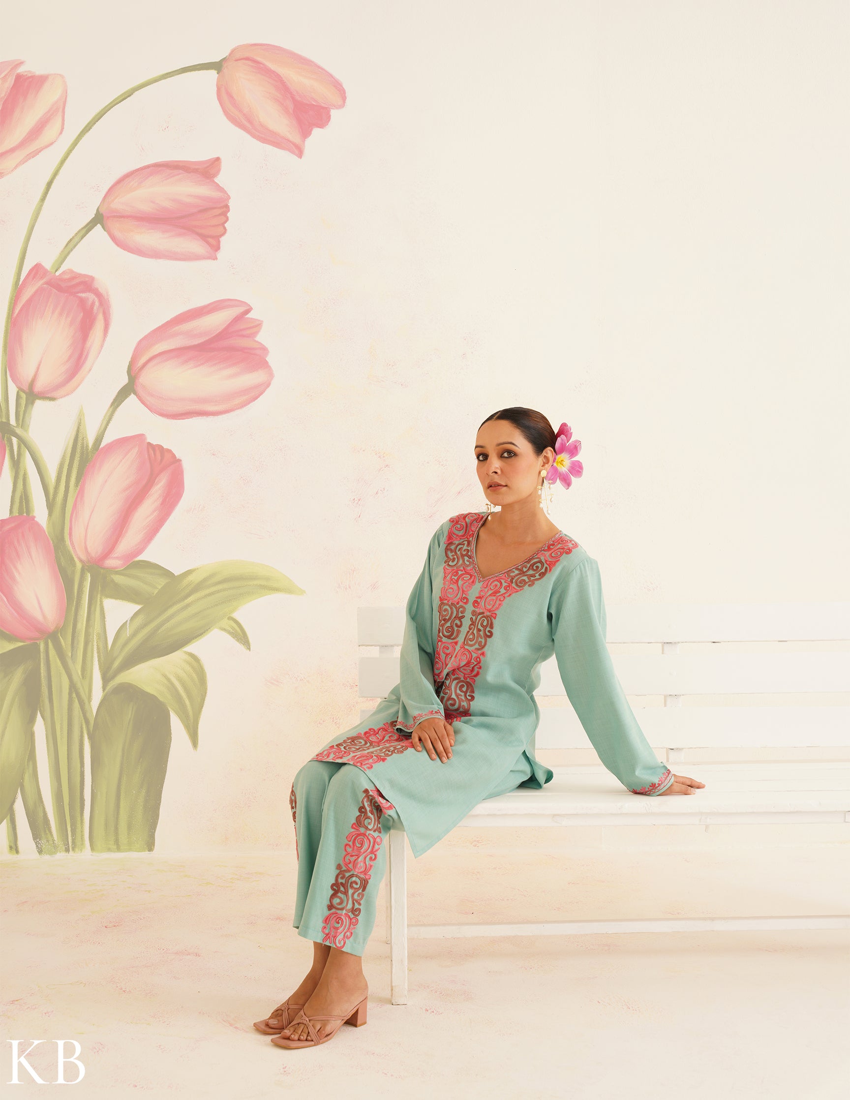 Sea Green Cotton Coordset with Pink Floral Embroidery | Bahaar Collection 2025 - Kashmir Box