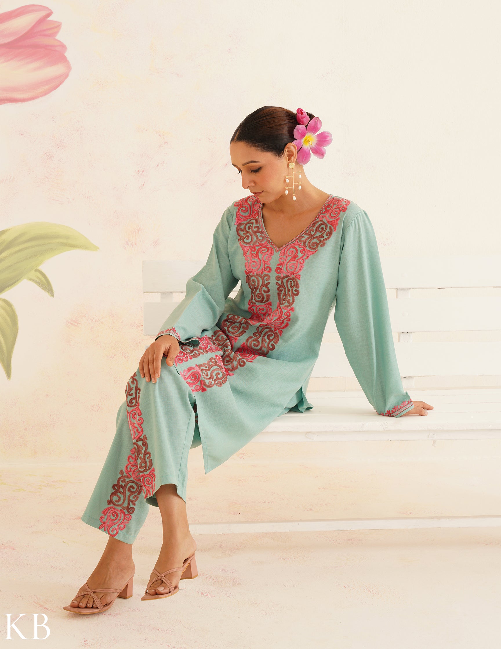 Sea Green Cotton Coordset with Pink Floral Embroidery | Bahaar Collection 2025 - Kashmir Box