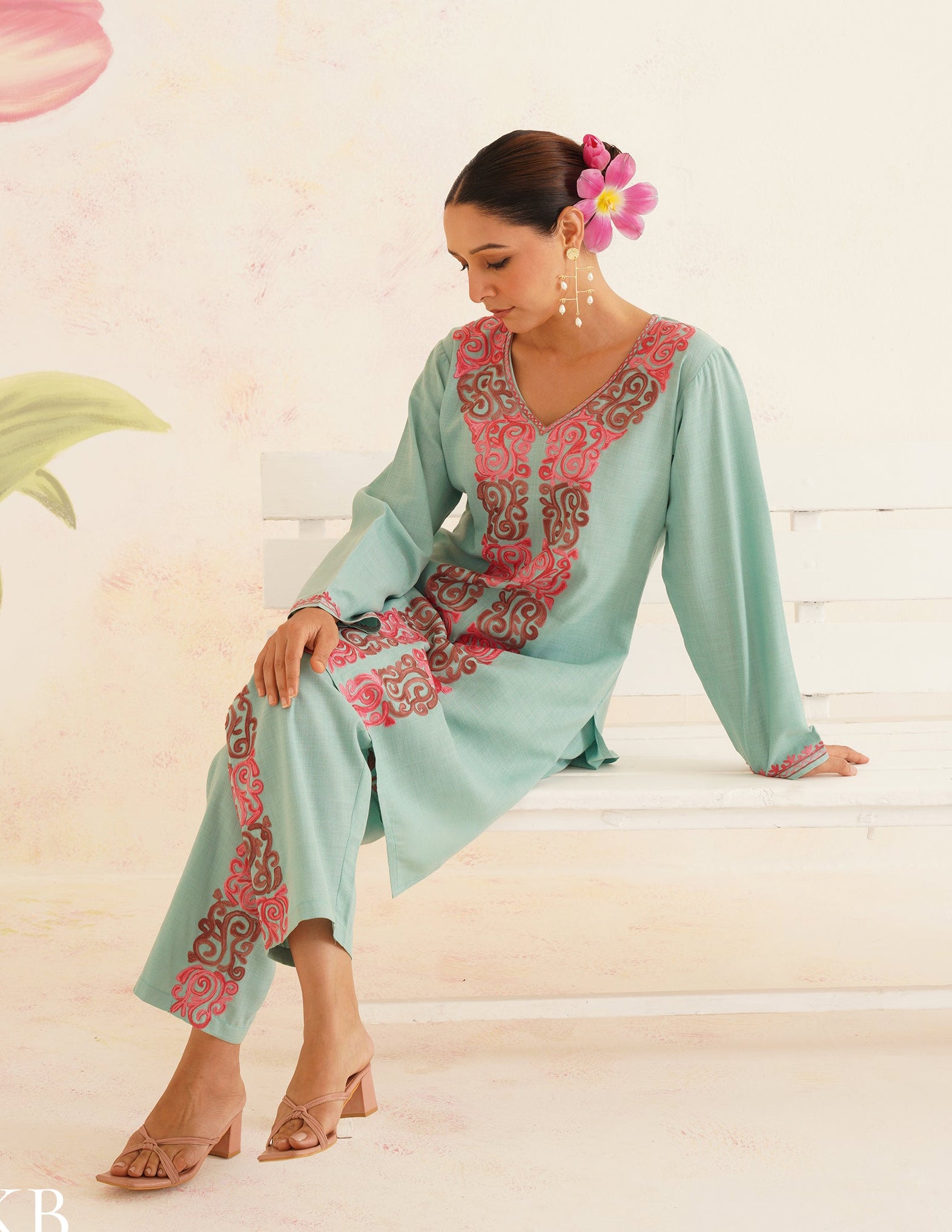 Sea Green Cotton Coordset with Pink Floral Embroidery | Bahaar Collection 2025 - Kashmir Box
