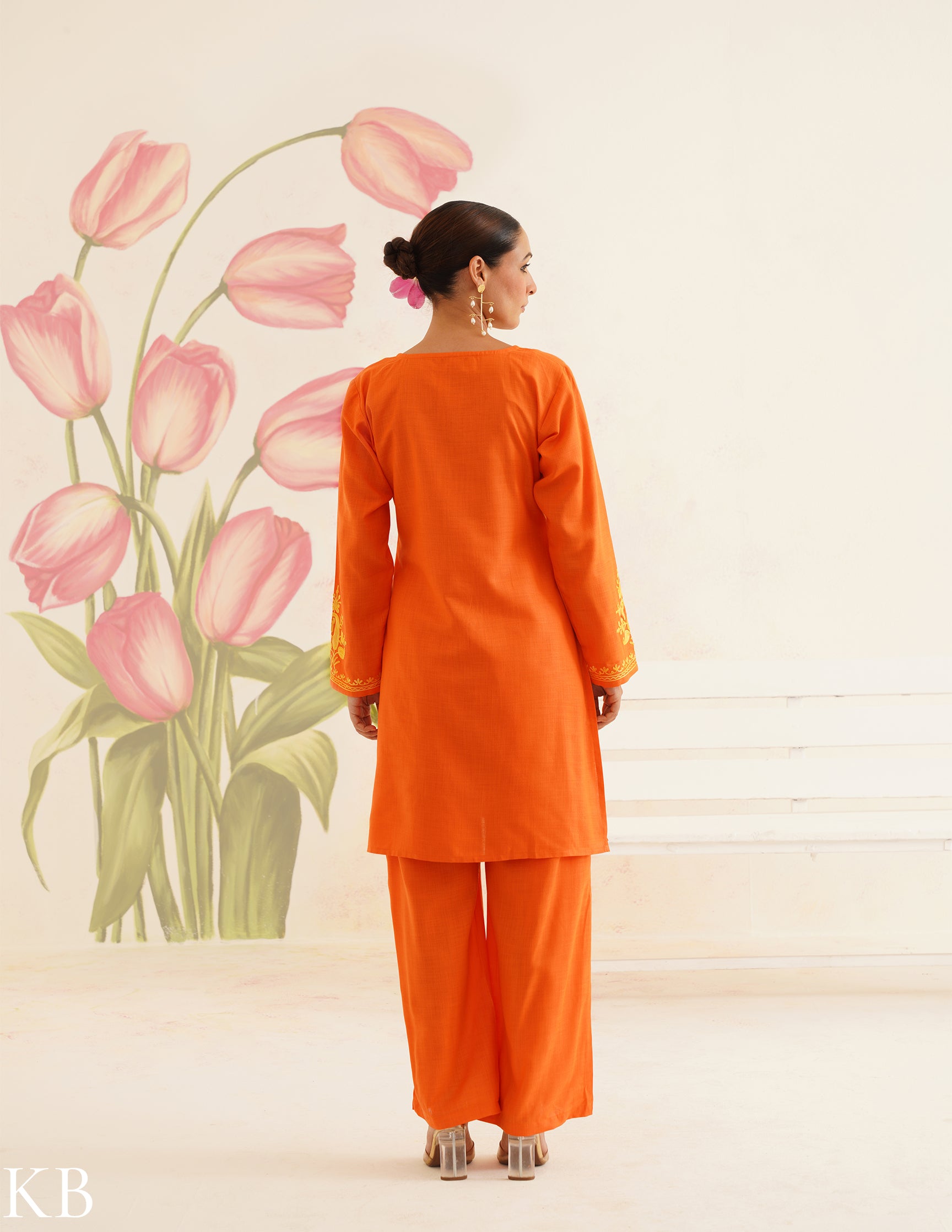 Orange Cotton Coordset with Golden Aari Embroidery | Bahaar Collection 2025 - Kashmir Box