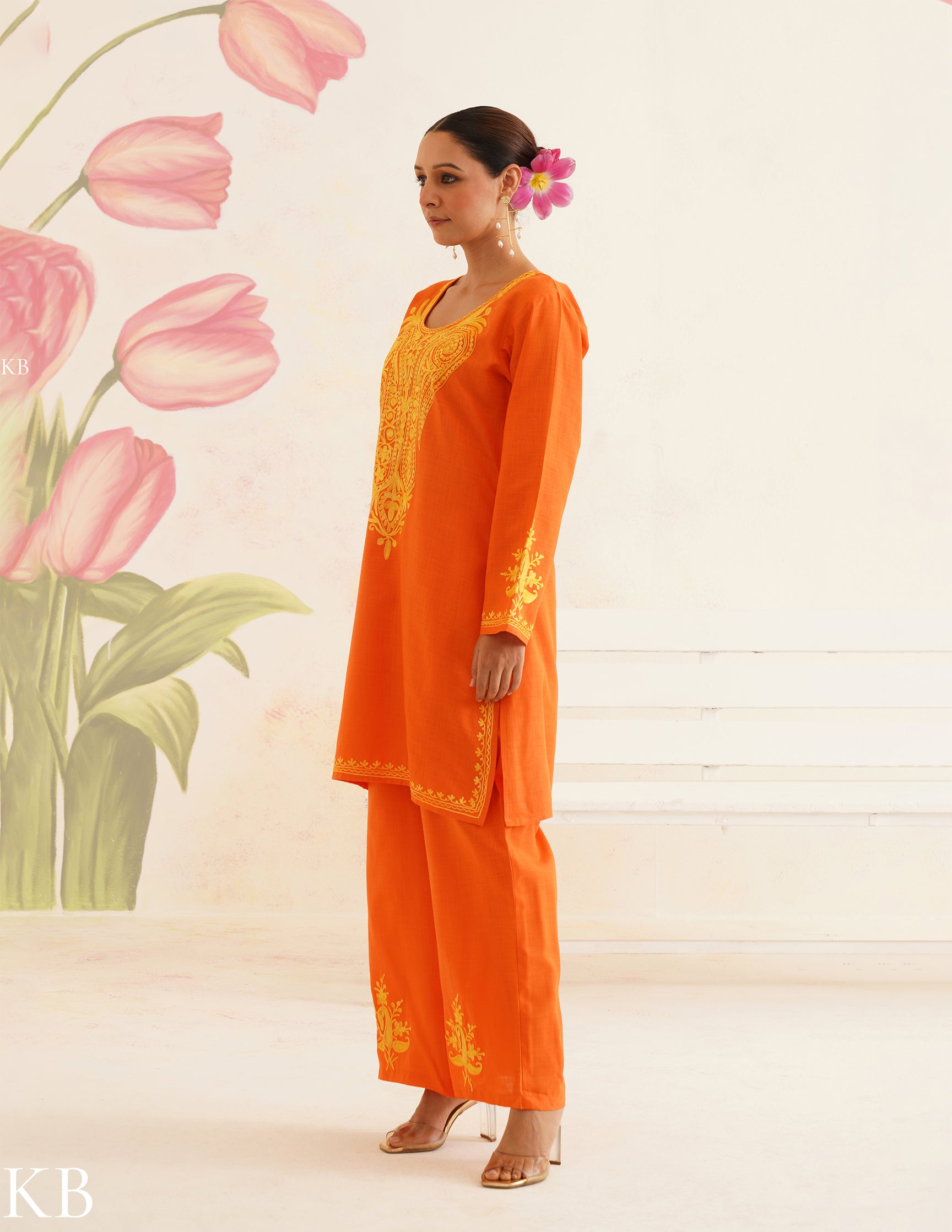 Orange Cotton Coordset with Golden Aari Embroidery | Bahaar Collection 2025 - Kashmir Box