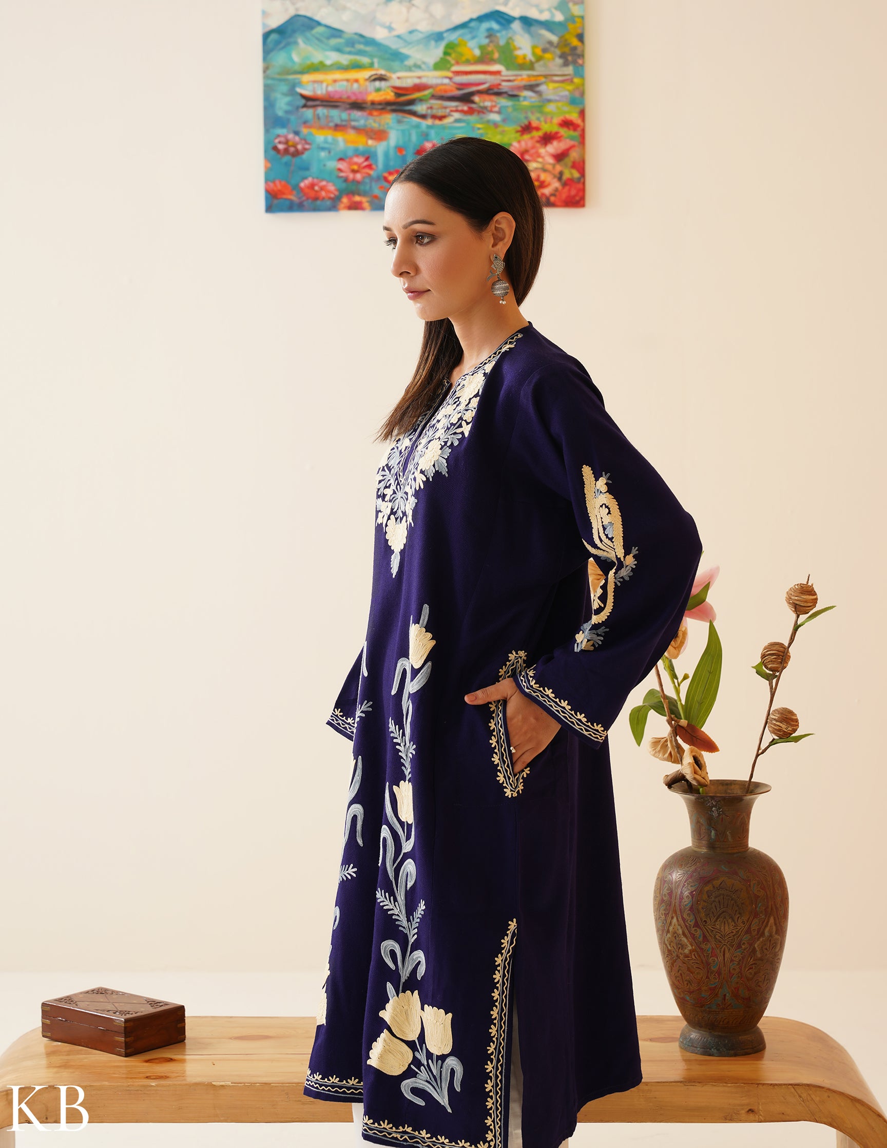 Rang-e-Khizan Aari Graced Night Blue Phiran - Kashmir Box