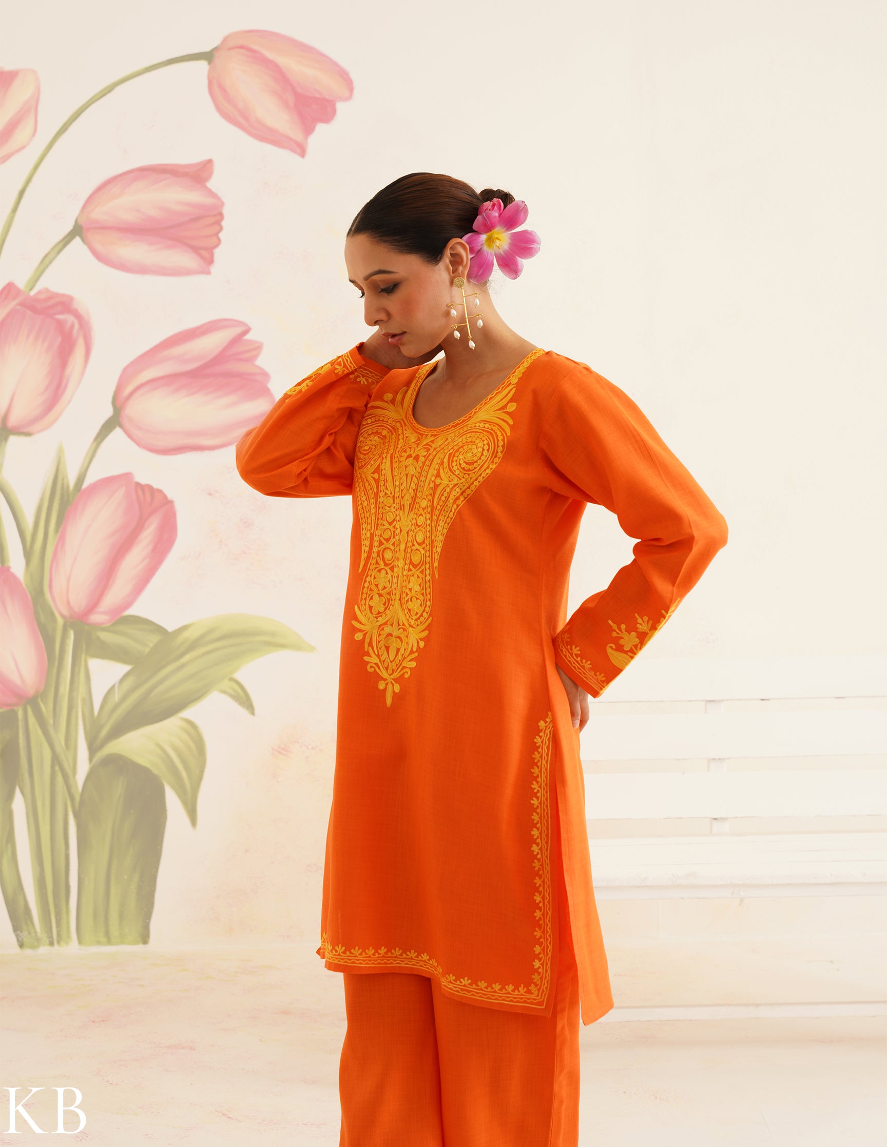 Orange Cotton Coordset with Golden Aari Embroidery | Bahaar Collection 2025 - Kashmir Box
