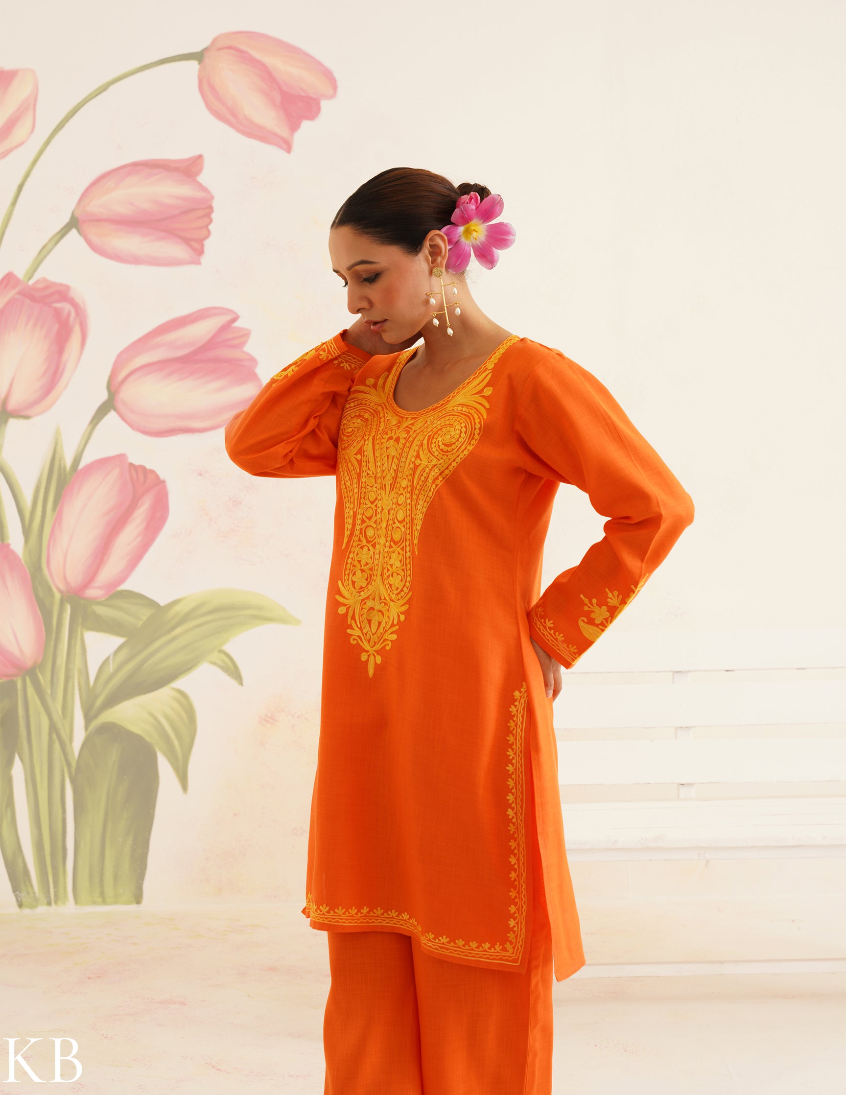 Orange Cotton Coordset with Golden Aari Embroidery | Bahaar Collection 2025 - Kashmir Box
