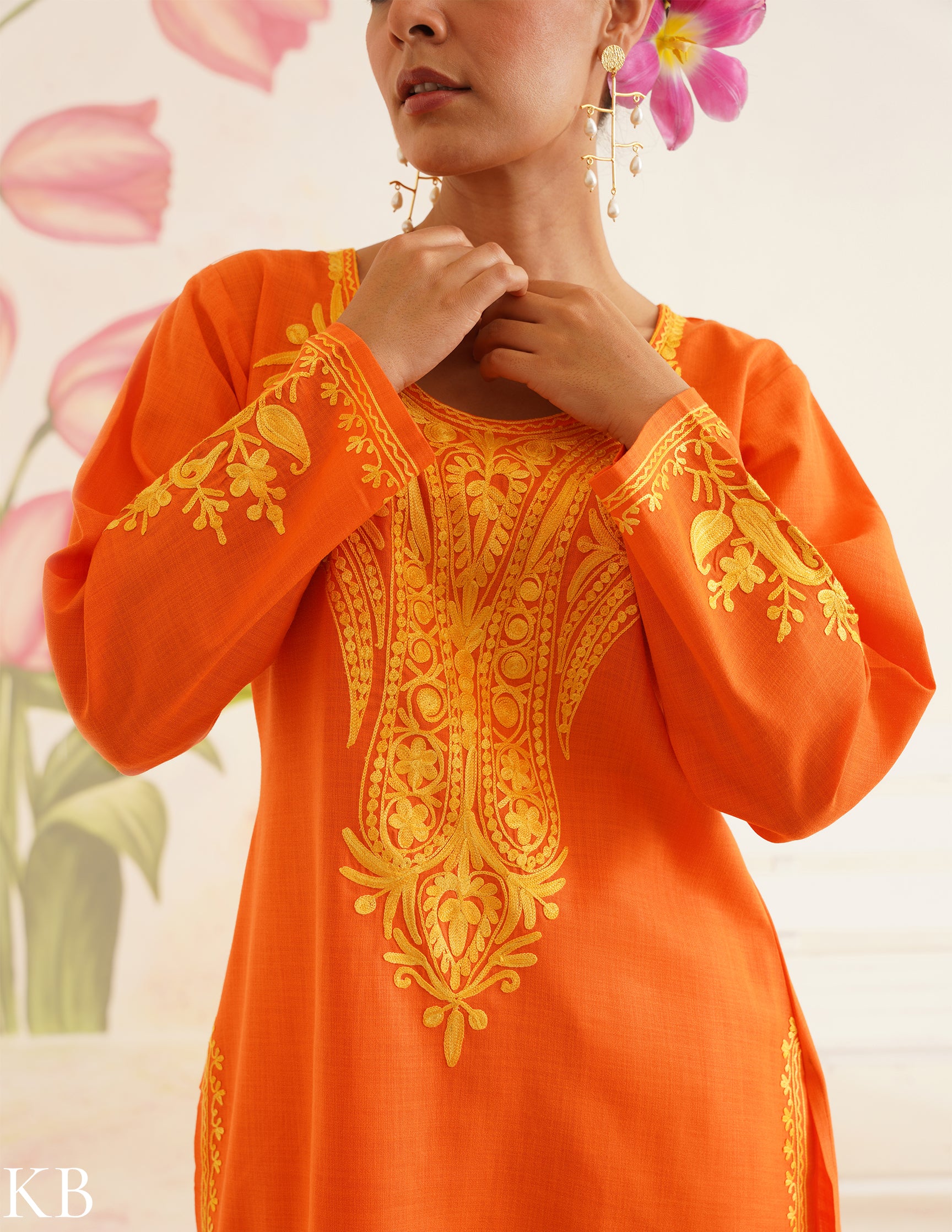 Orange Cotton Coordset with Golden Aari Embroidery | Bahaar Collection 2025 - Kashmir Box